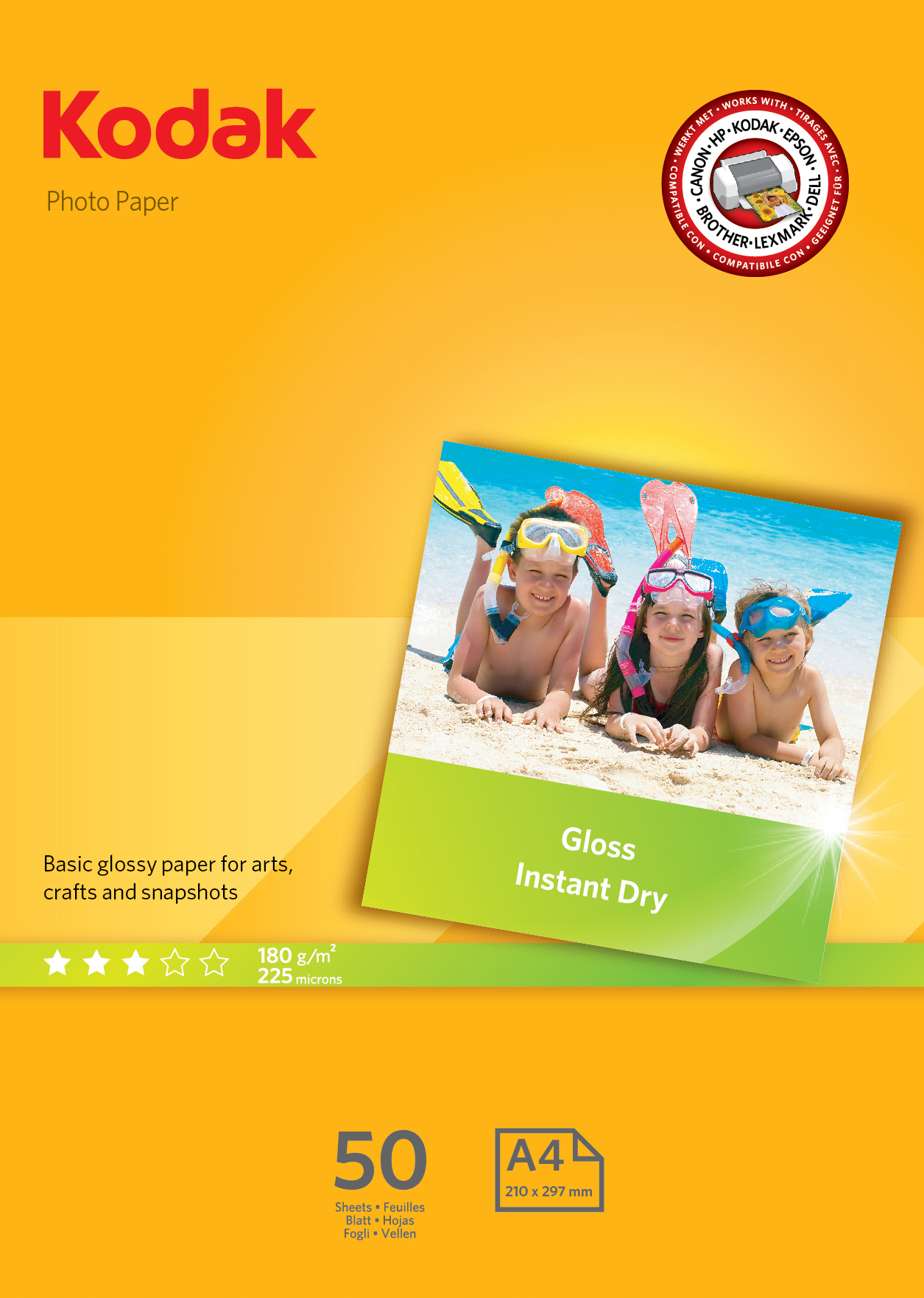 Opakowanie papieru fotograficznego Kodak. Żółte tło ze zdjęciem osób na plaży.