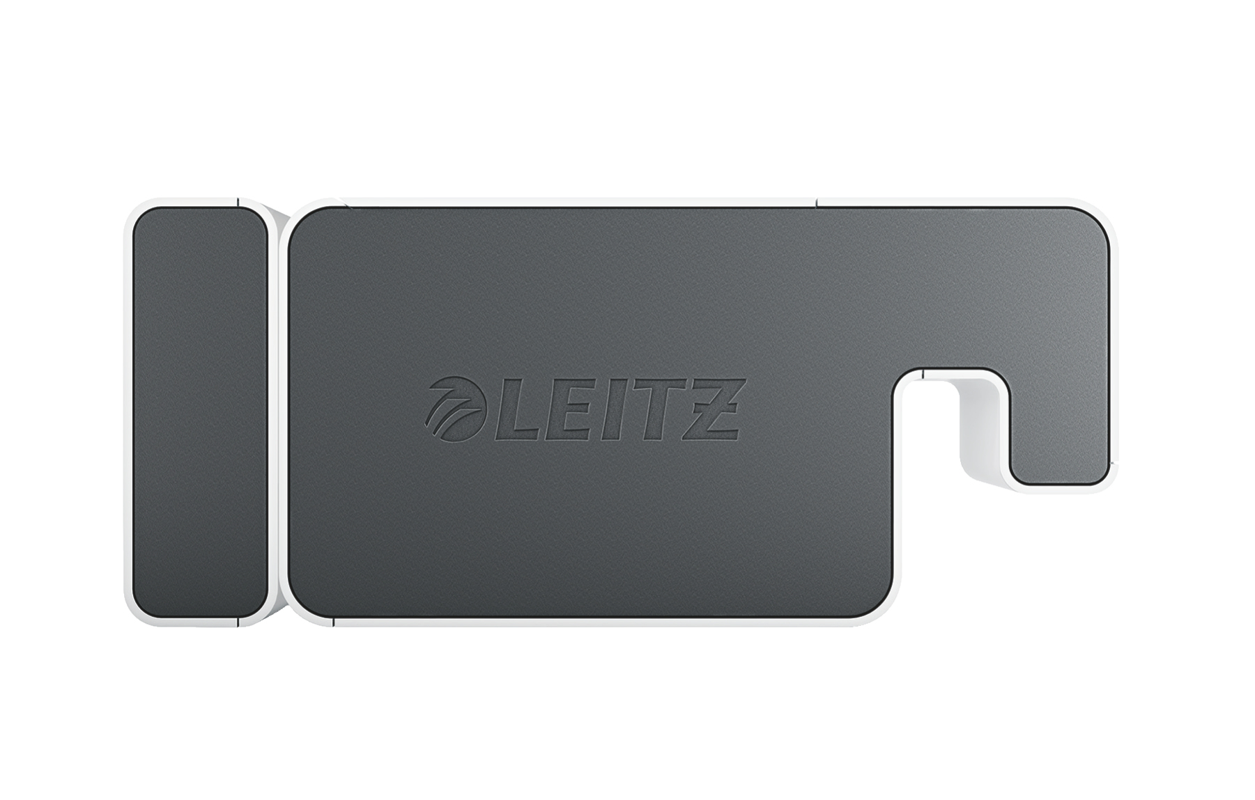 Organizer biurkowy Leitz z szarą górą i białymi krawędziami, widok z góry.