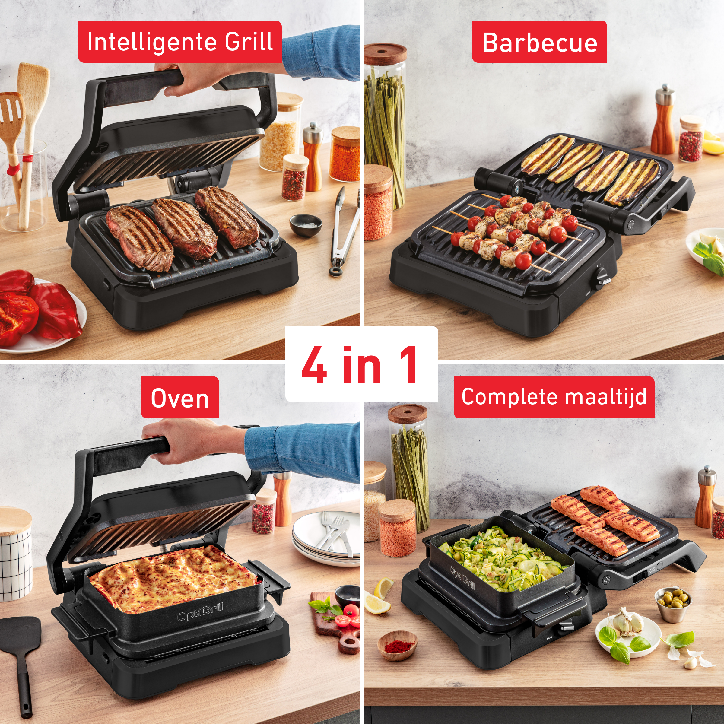 4 immagini mostrano le funzioni di Tefal OptiGrill: Griglia intelligente, Barbecue, Forno e Pasto completo.