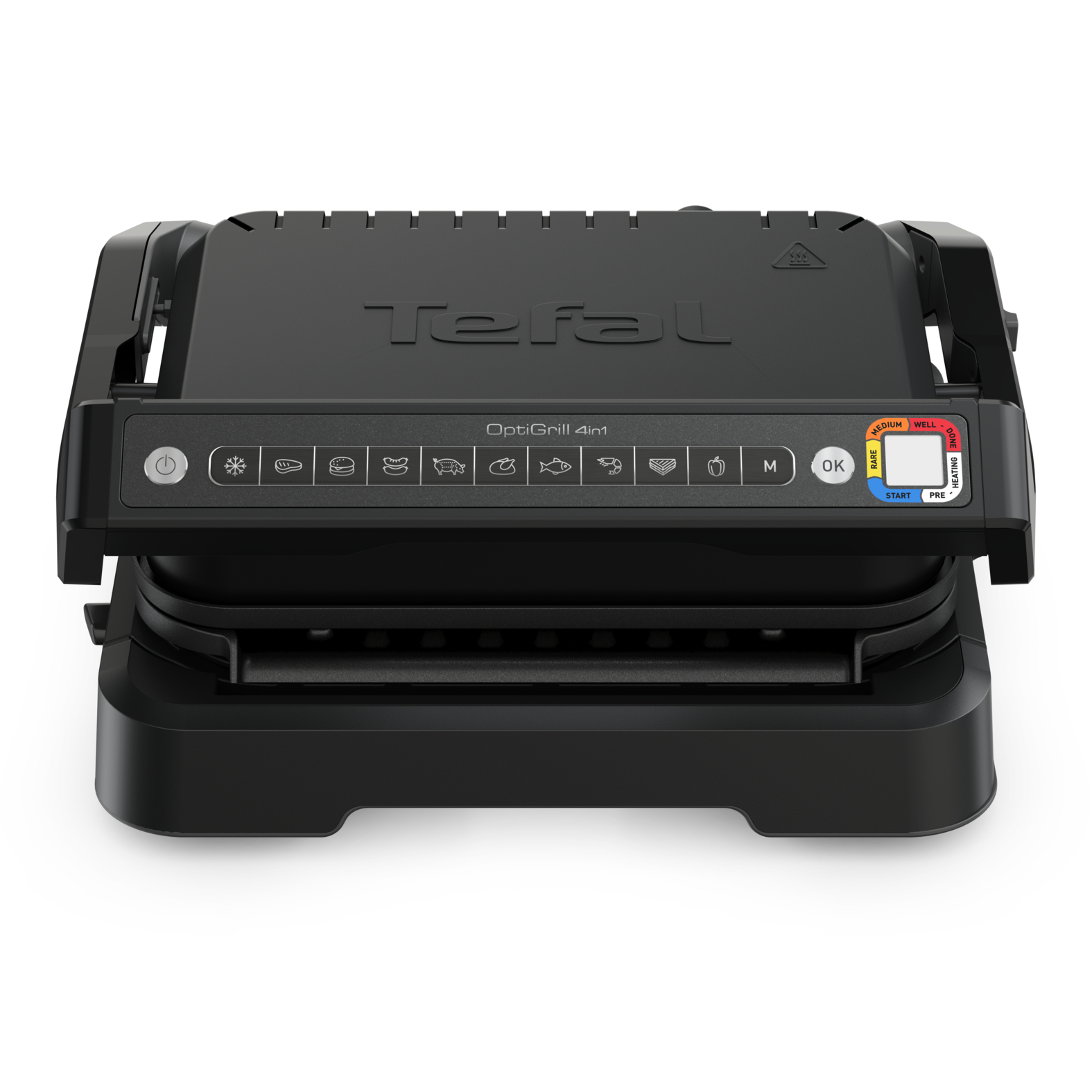 Un Tefal OptiGrill 4in1 nero. Ha un pannello di controllo con varie impostazioni di cottura.