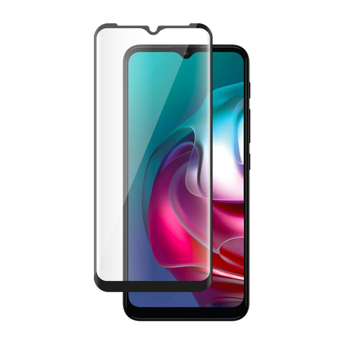 Smartphone met aangebrachte schermbeschermer, geïsoleerd op witte achtergrond.