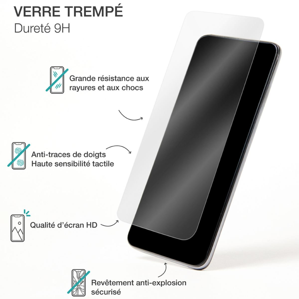 Protecteur d'écran pour un téléphone, avec un téléphone derrière. Texte en français.