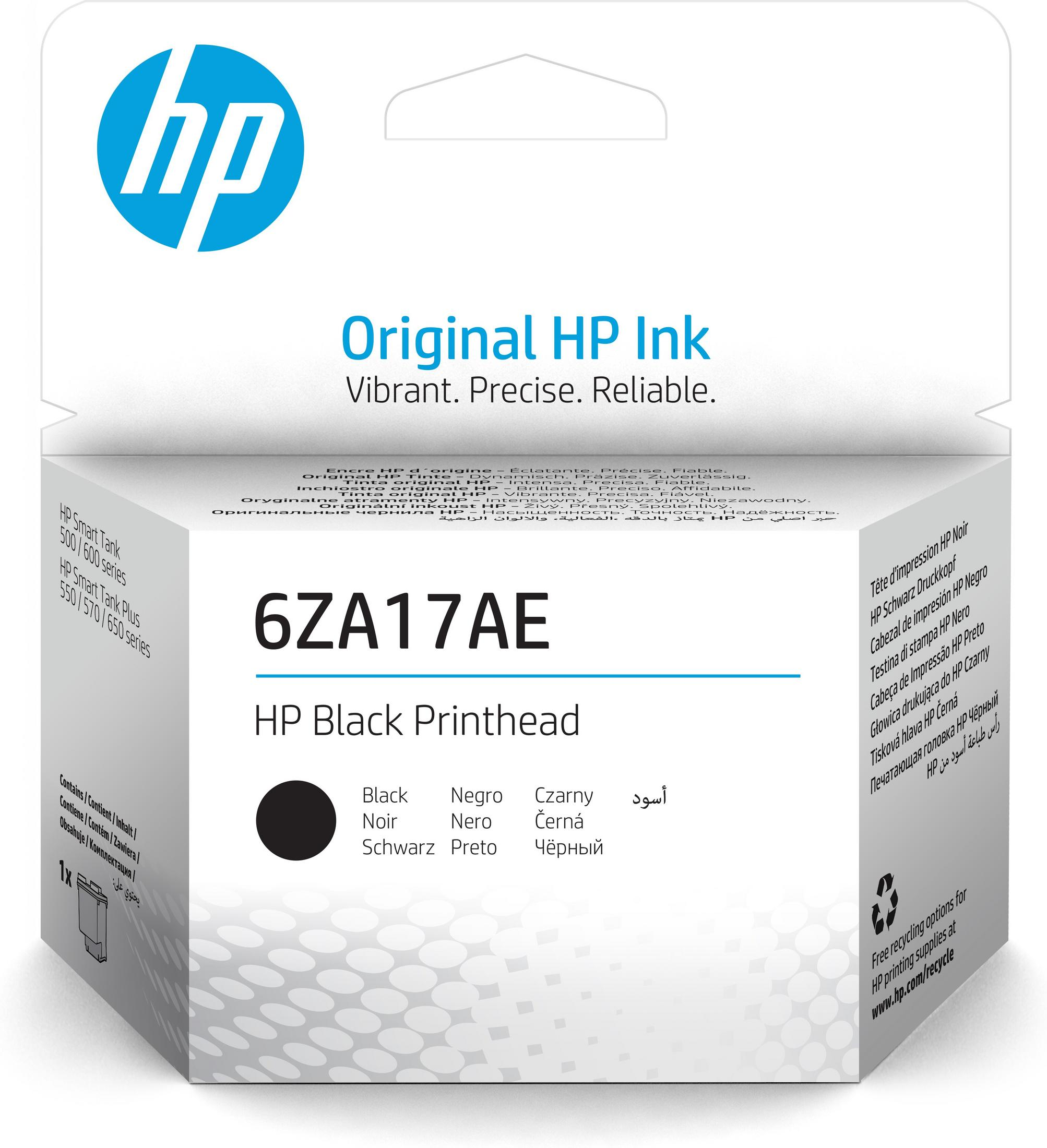 Pudełko HP Black Printhead z tekstem, czarnym okręgiem tuszu i informacjami o recyklingu.