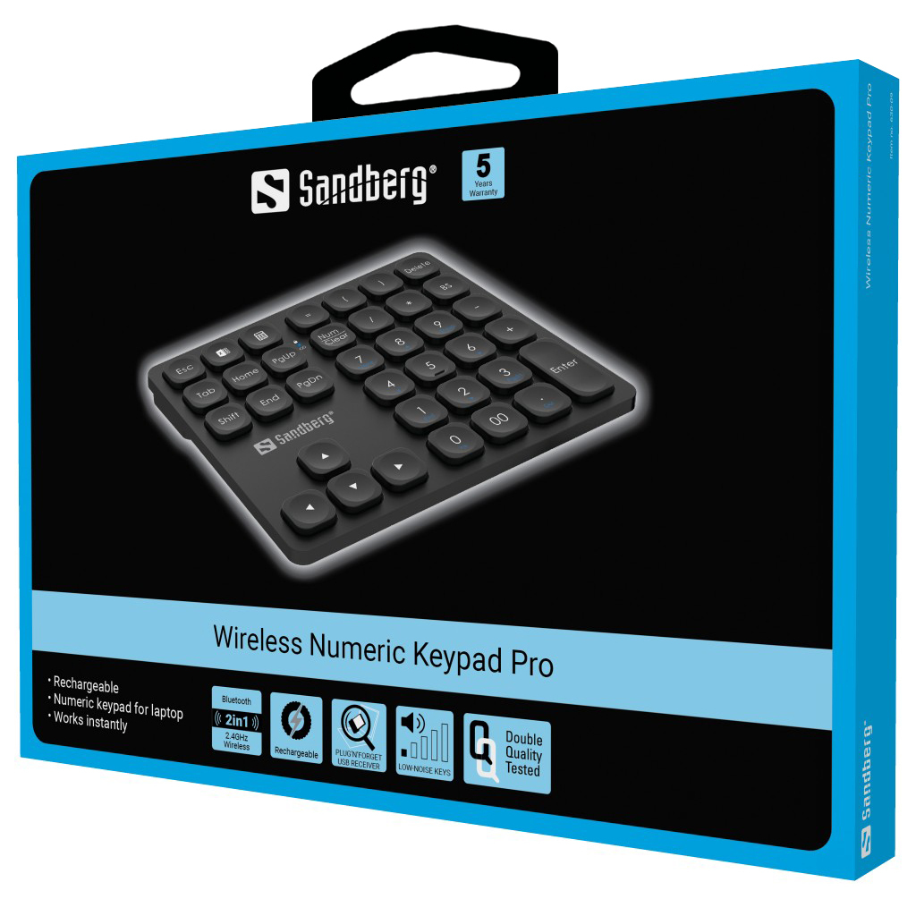 Sandberg kabellose numerische Tastaturbox. Blau und schwarz. Enthält Tastatur. Text: Wireless Numeric Keypad Pro.