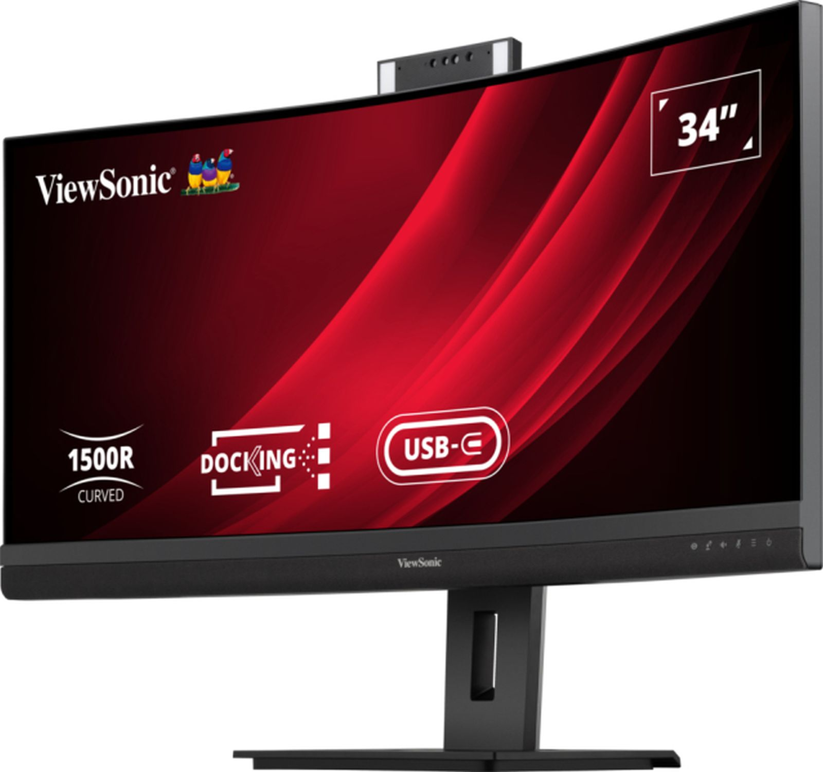 Zakrzywiony monitor komputerowy z kamerą internetową. Czarny stojak, czerwono-czarne tło z tekstem.