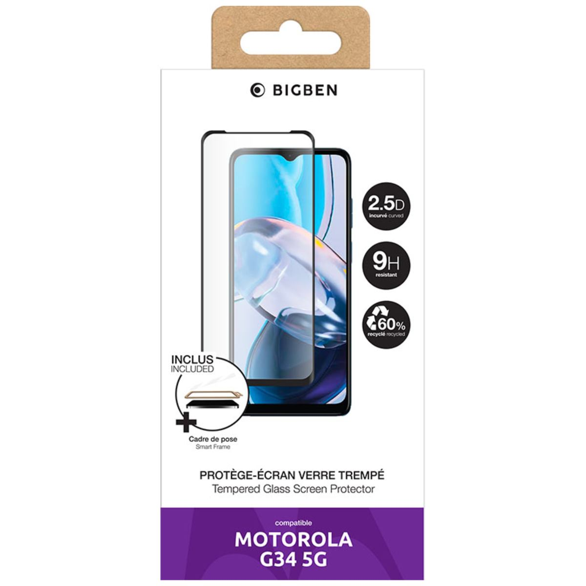 Pellicola protettiva per telefono in scatola con immagine del telefono. Testo menziona Motorola G34 5G.