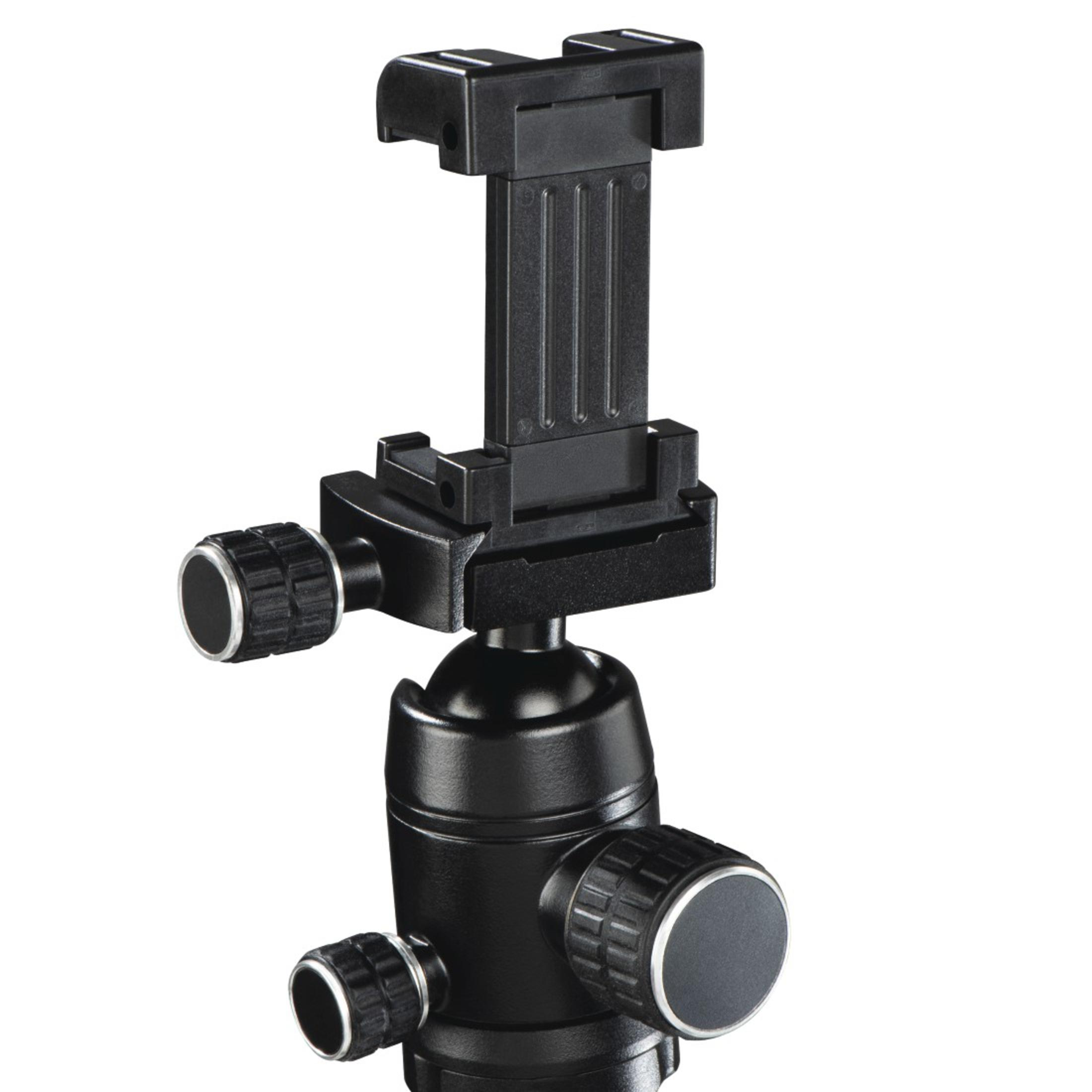 Czarna głowica statywu z uchwytem na telefon.