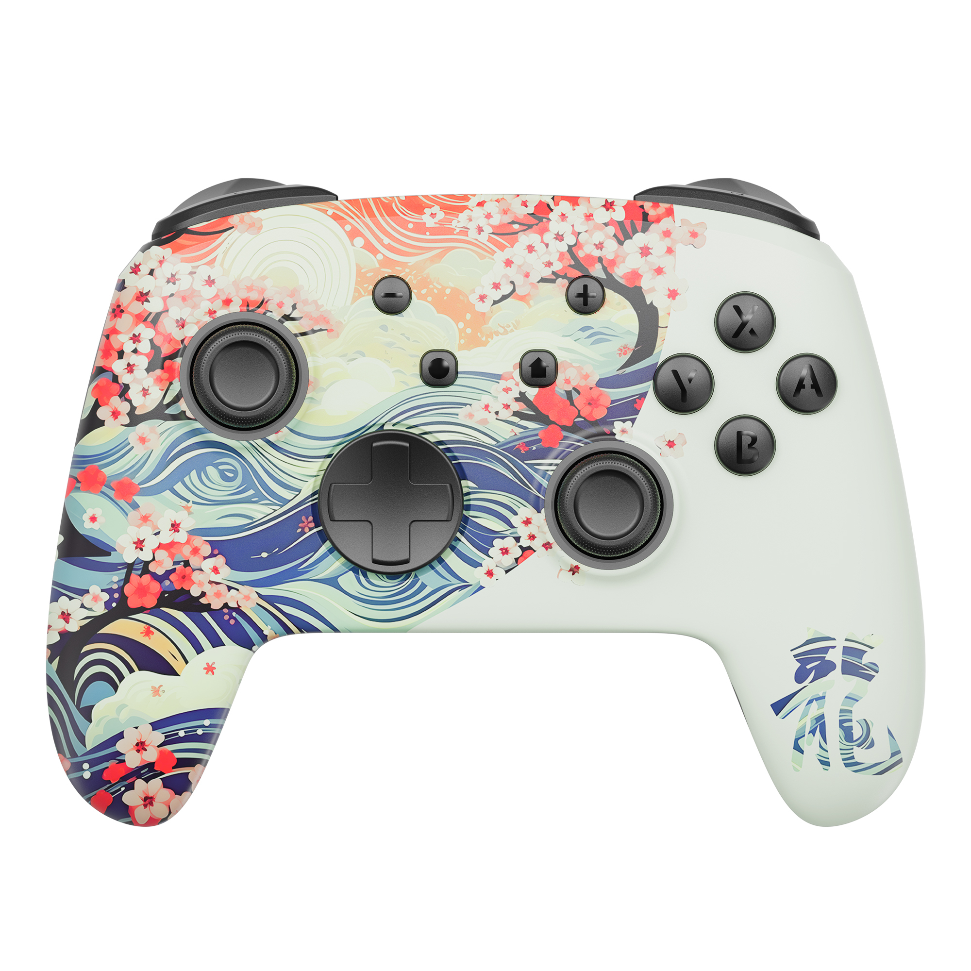 Controller bianco con design colorato. I pulsanti sono neri. Il design include fiori.