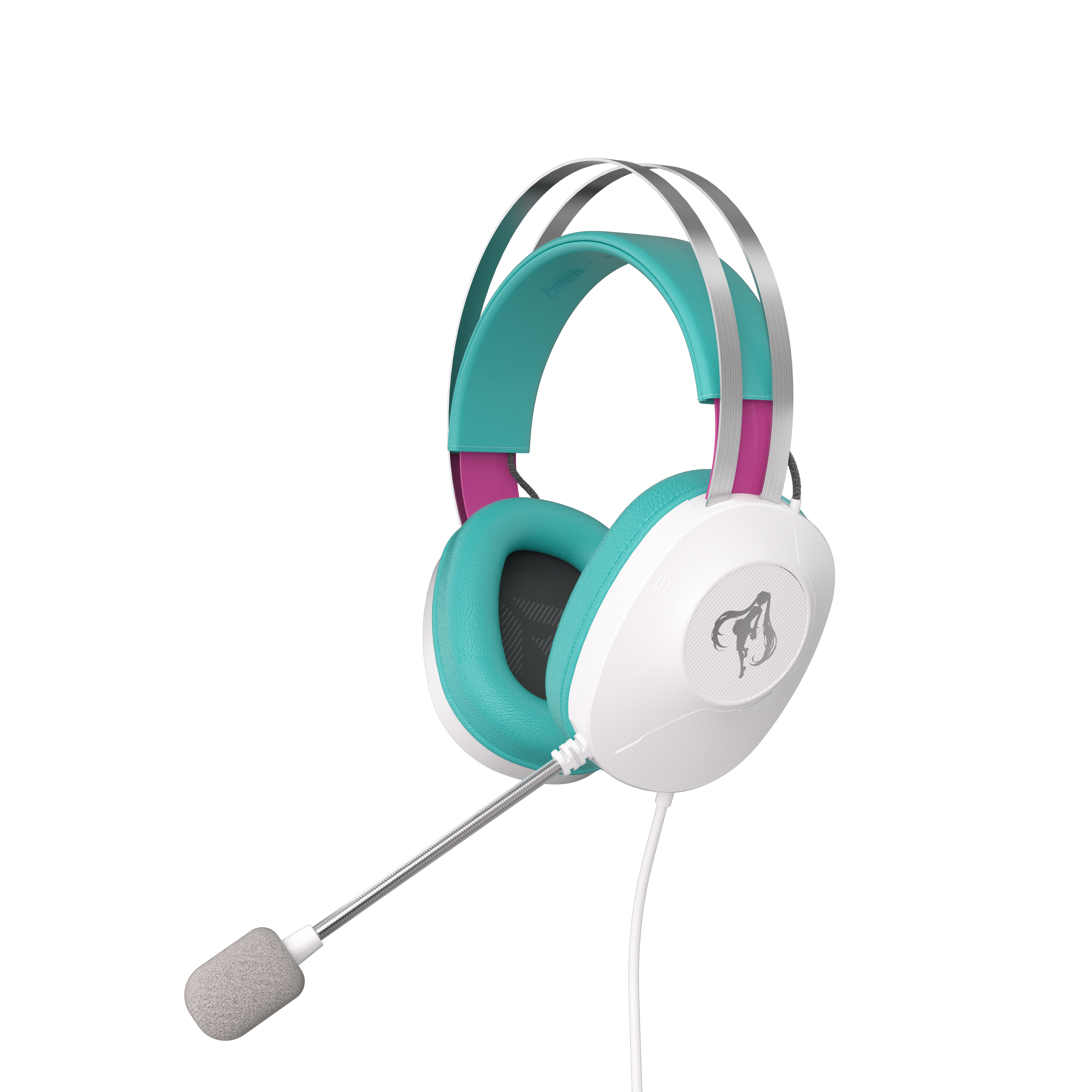 Weißes und türkisfarbenes Gaming-Headset mit Mikrofon, weißes Kabel.