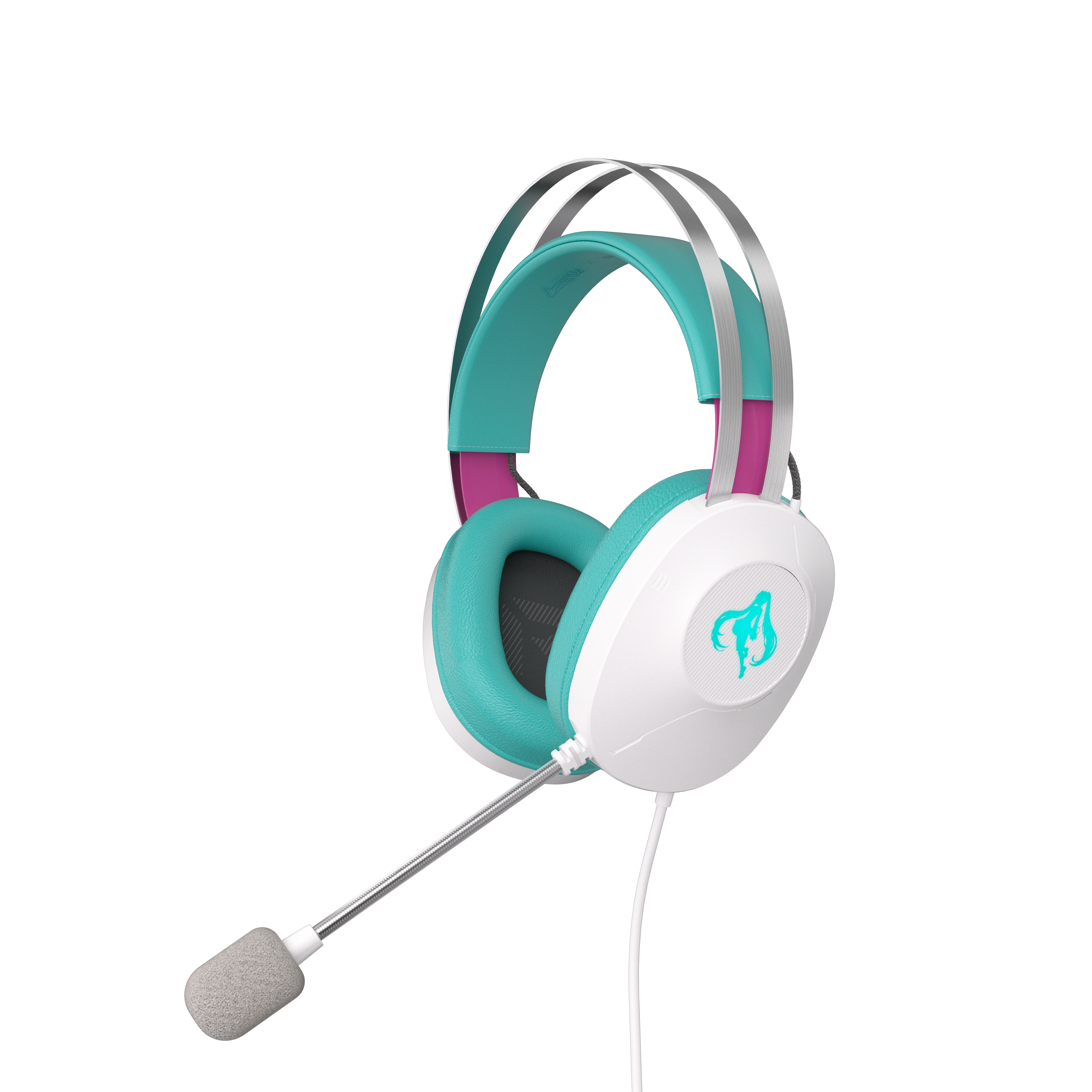 Weißes und türkisfarbenes Gaming-Headset mit Mikrofon. Merkmale sind türkisfarbene Akzente und ein weißes Gehäuse.