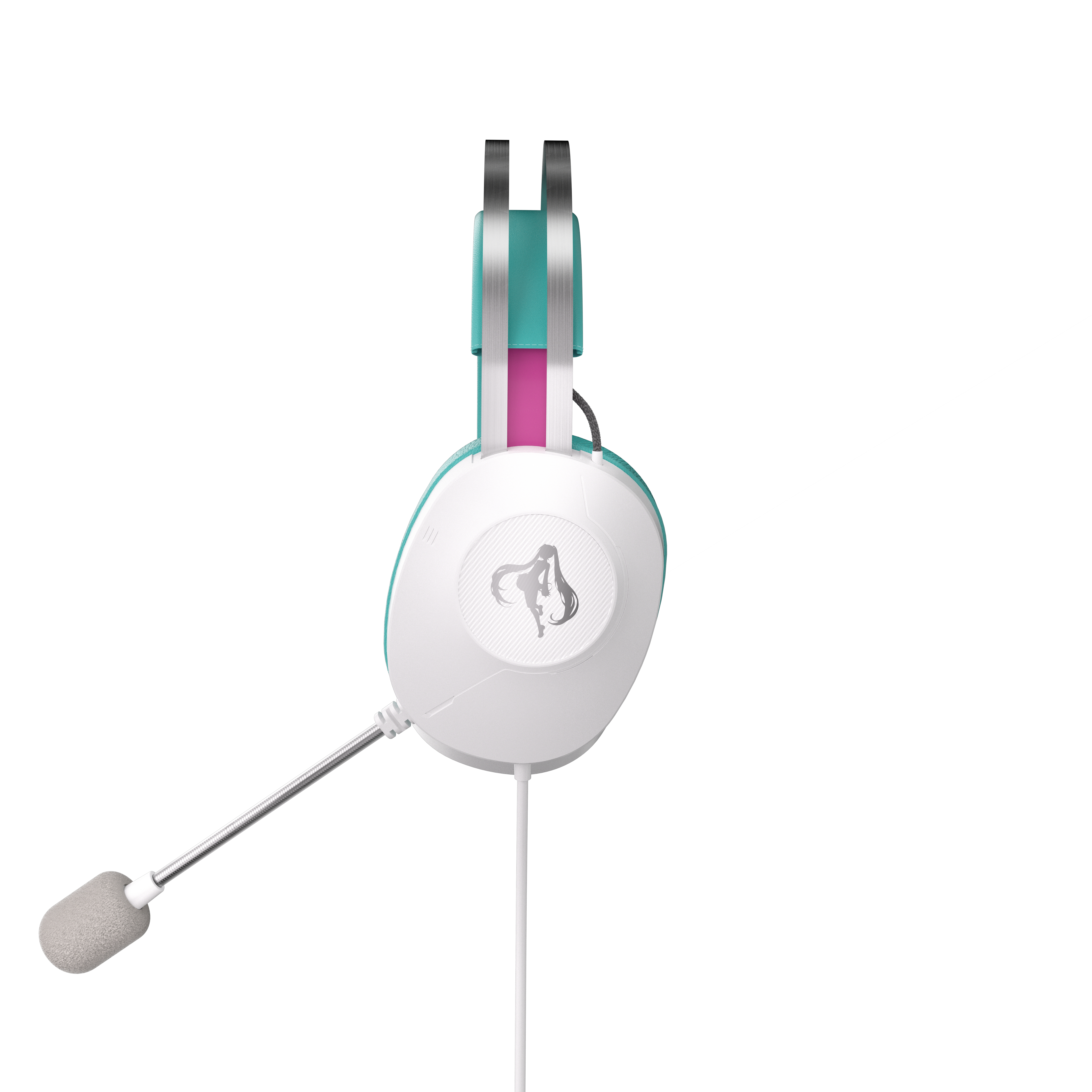 Weißes und türkisfarbenes Gaming-Headset mit Mikrofon auf weißem Hintergrund.