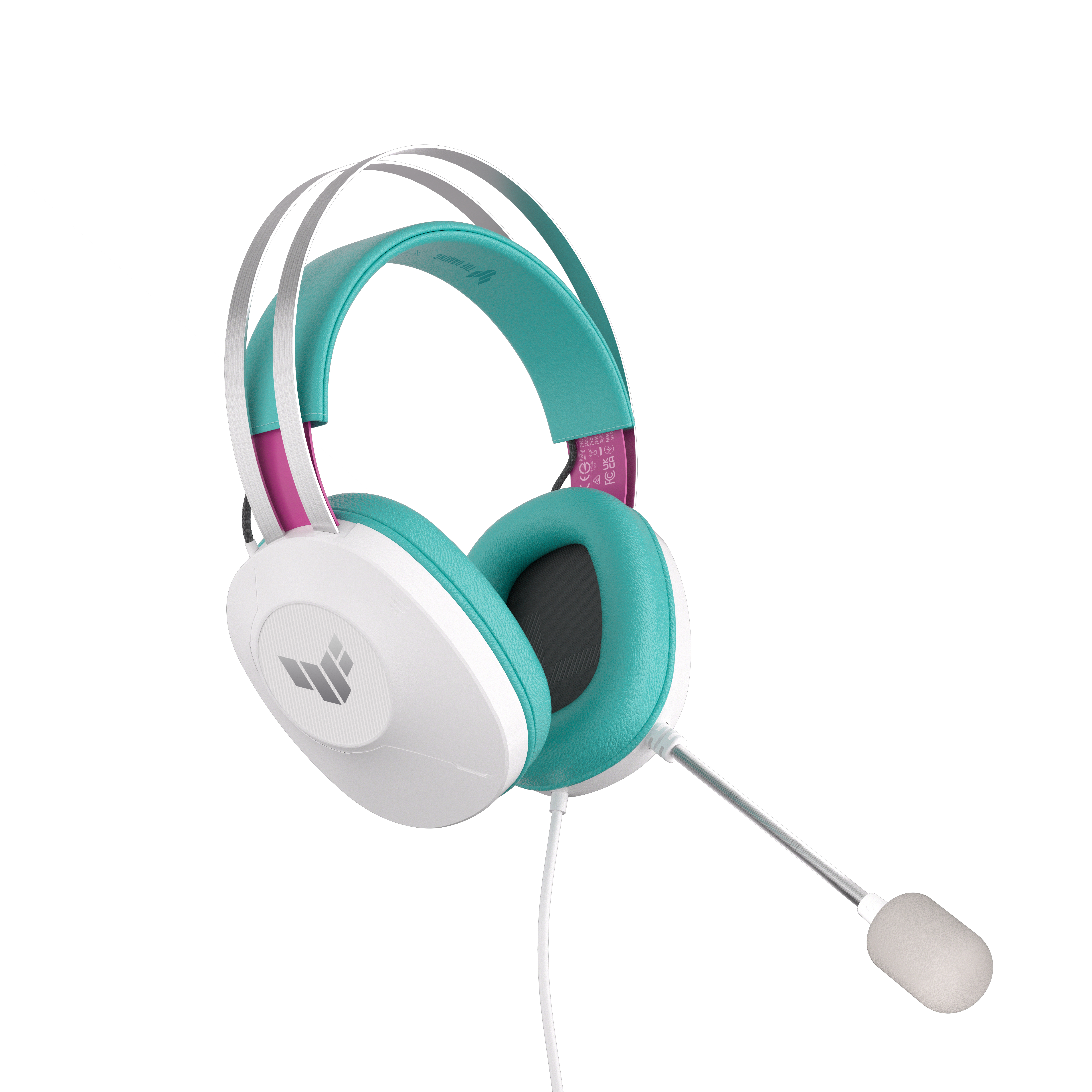 Weißes und türkisfarbenes Gaming-Headset mit Mikrofon. Merkmale sind türkisfarbene Akzente und ein weißes Gehäuse.