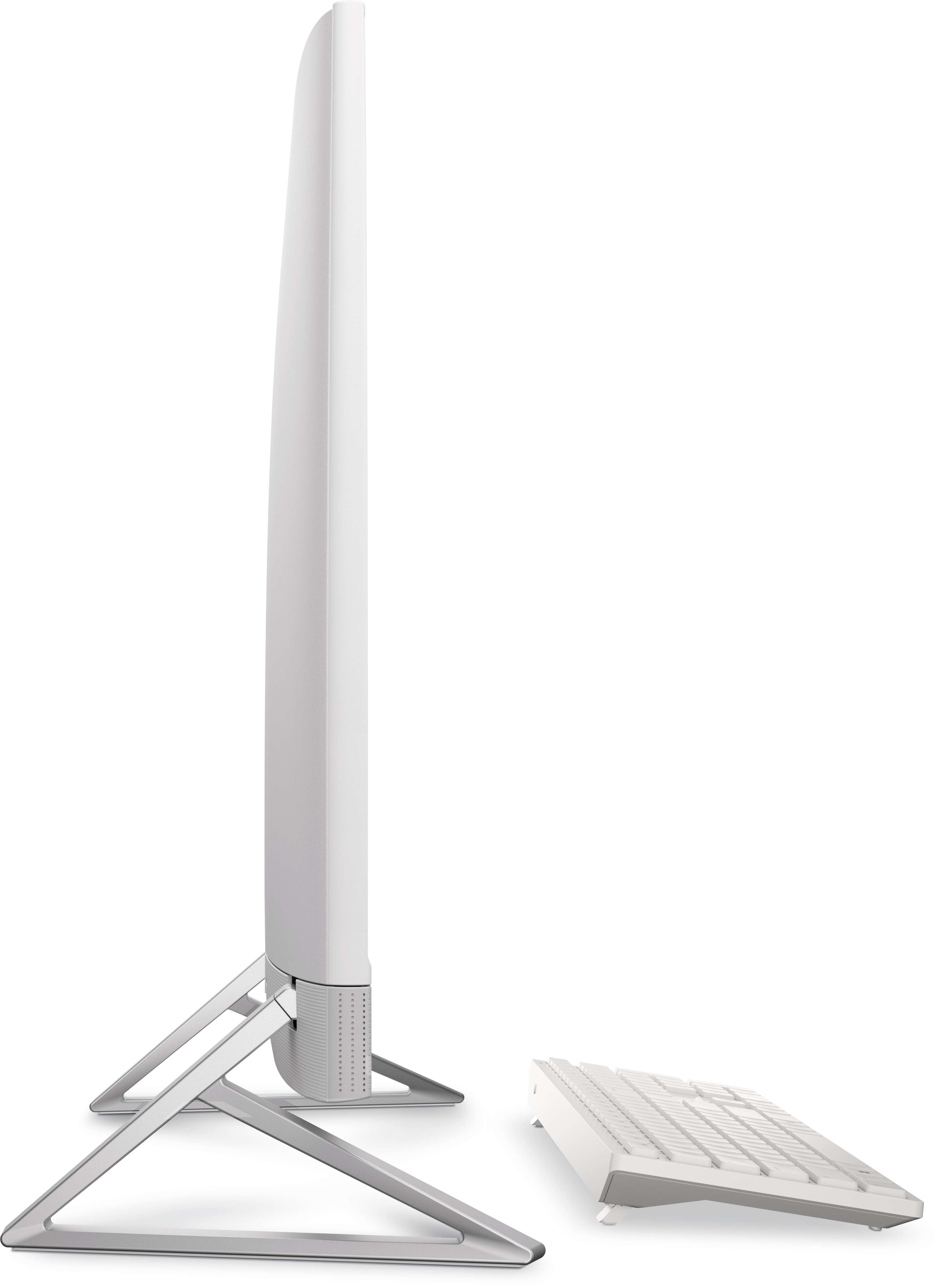 Biały monitor komputerowy i klawiatura. Ekran jest cienki i ma srebrne nogi. Białe tło.