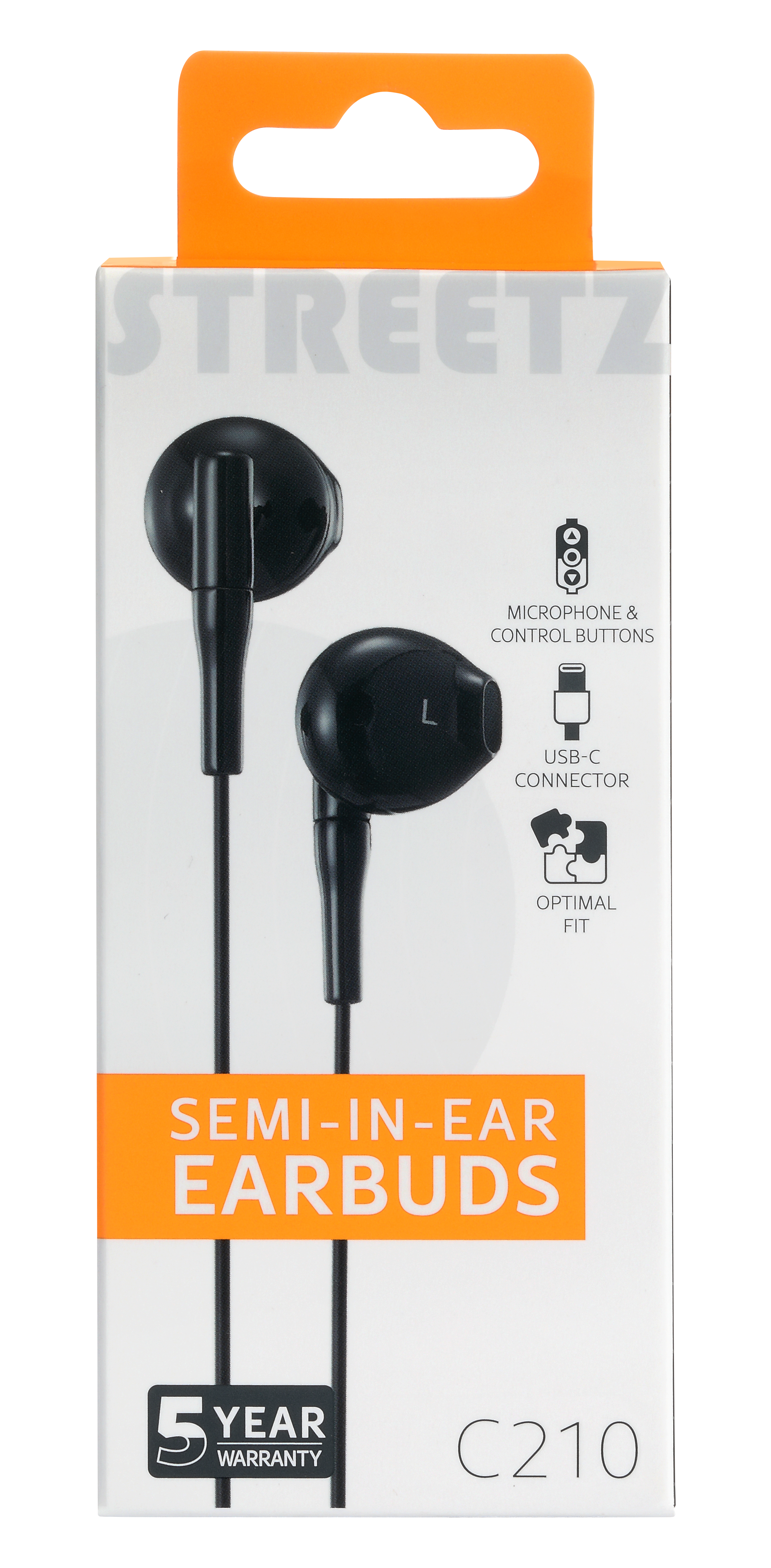 Auricolari in una scatola. La scatola riporta la scritta 'SEMI-IN-EAR EARBUDS' e un'etichetta di garanzia di 5 anni.
