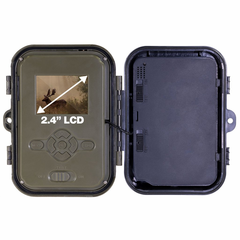 Otwarta kamera leśna z ekranem LCD 2.4" pokazującym jelenia w lesie, widoczne przyciski.