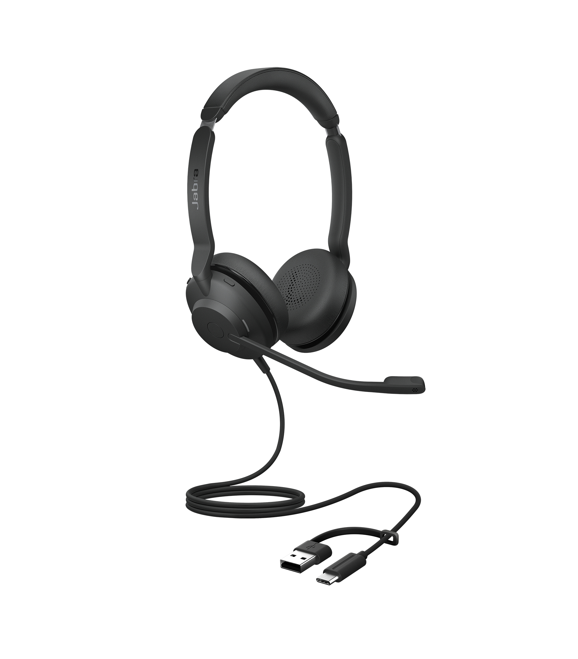 Beyaz zemin üzerinde siyah Jabra kulaklık, mikrofon, USB ve USB-C konektörleri ile.