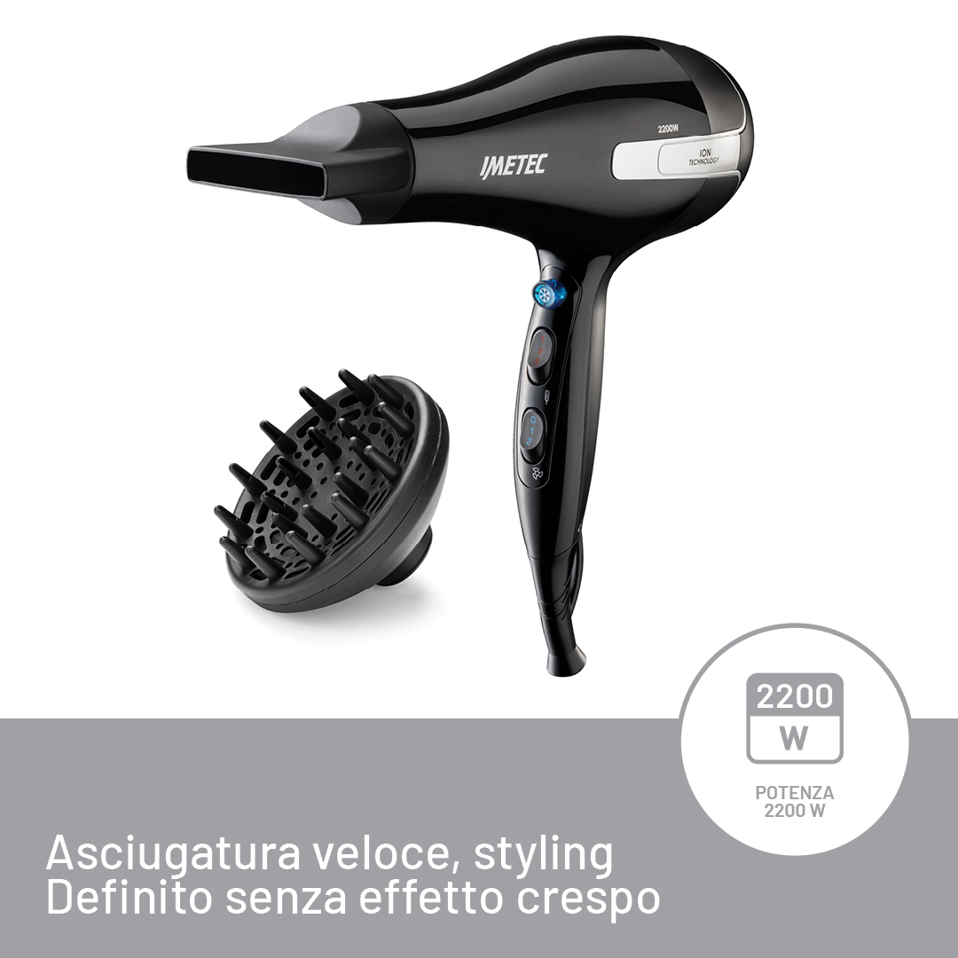 Czarna suszarka do włosów z dyszą i dyfuzorem, z tekstem poniżej. Białe tło.