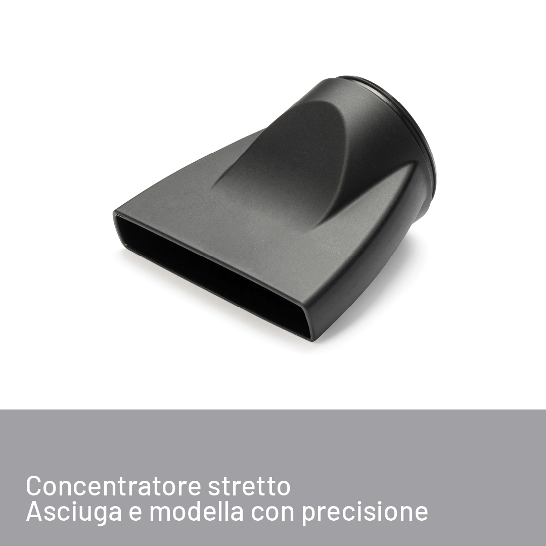 Dysza suszarki do włosów, czarna, kątowa, z tekstem poniżej.