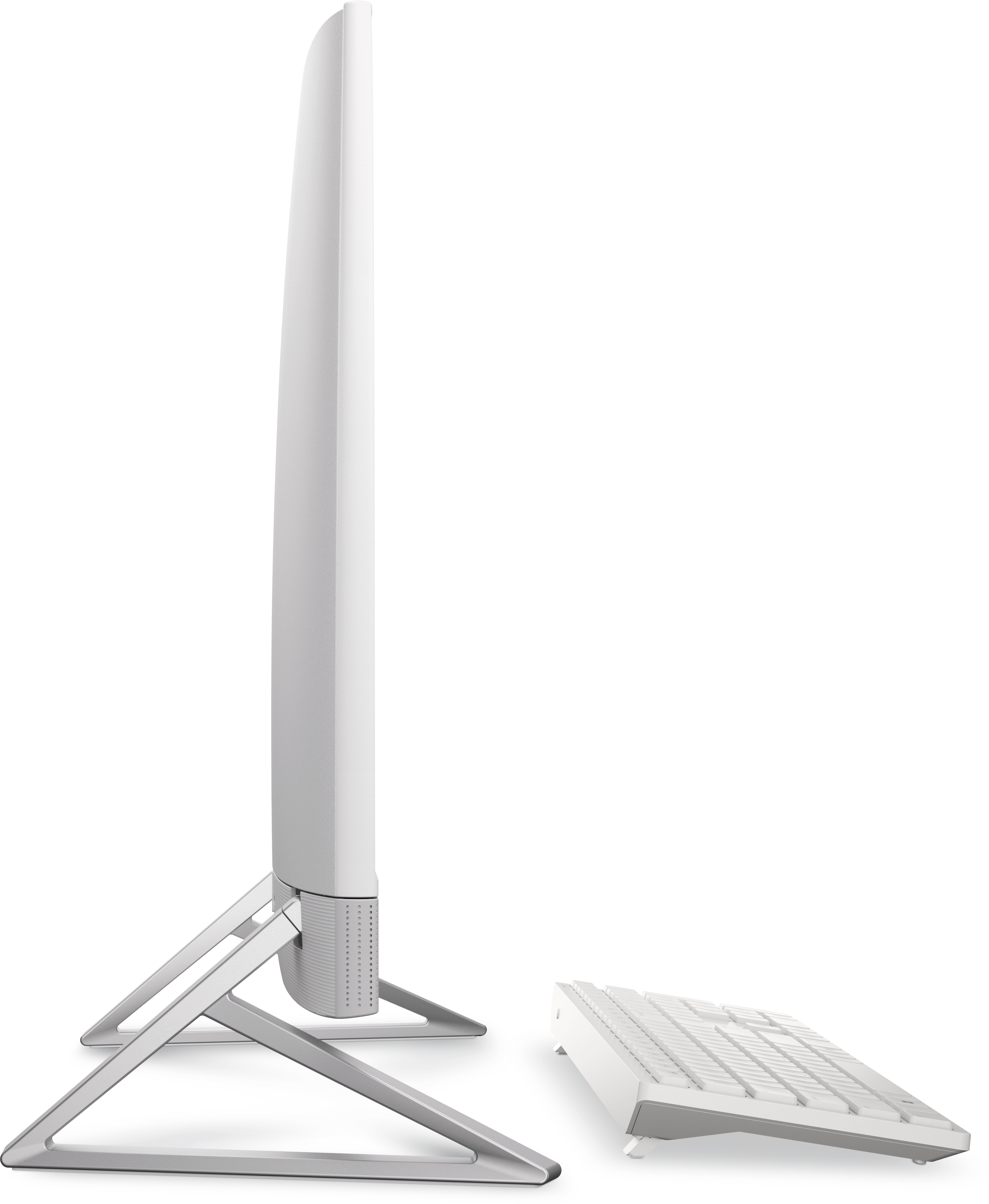 Biały monitor komputerowy i zestaw klawiatury na białym tle, widok z boku.