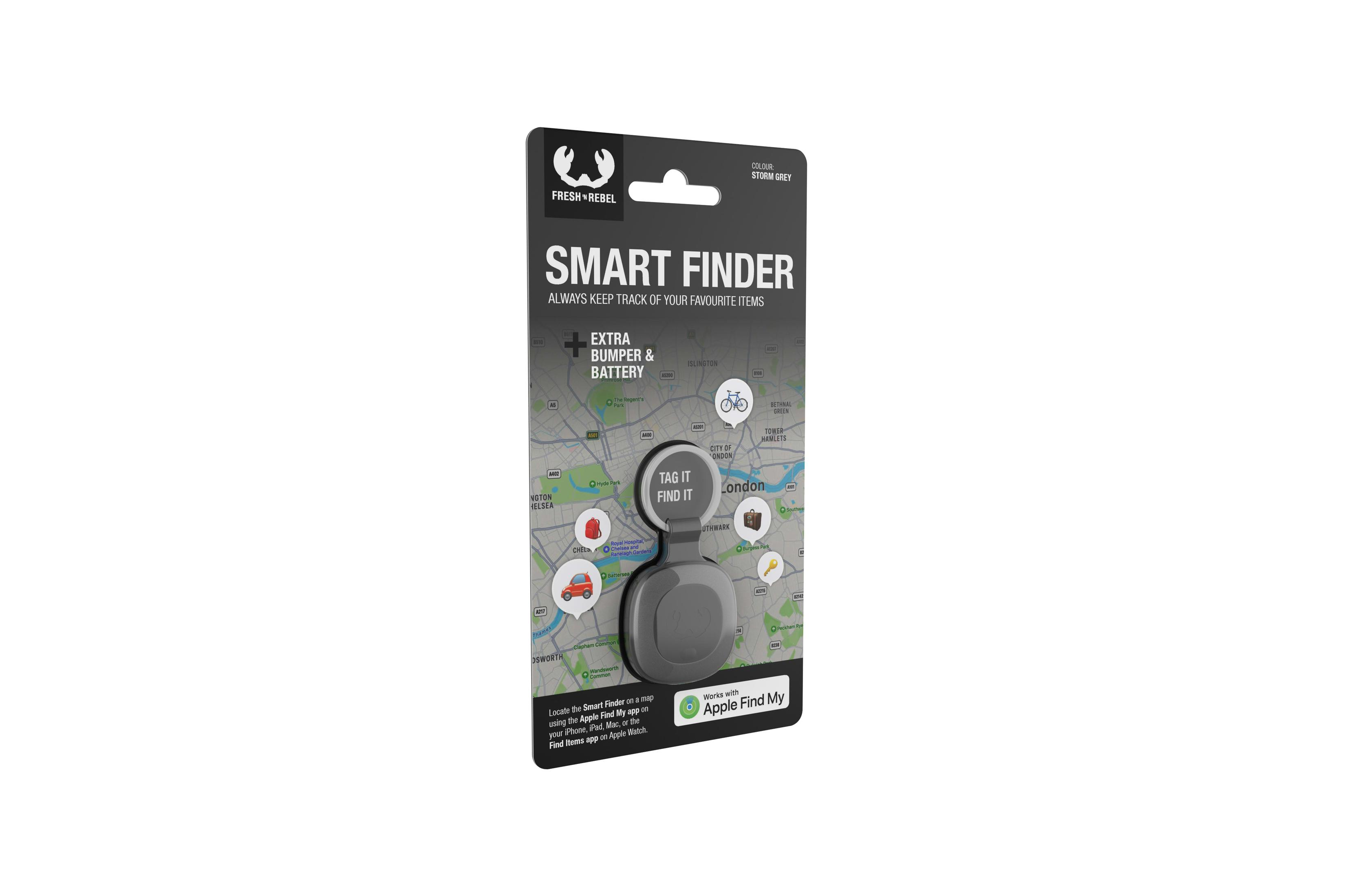 Opakowanie Smart Finder. Szary tracker z grafiką mapy. Widoczny tekst 'Tag It Find It'.