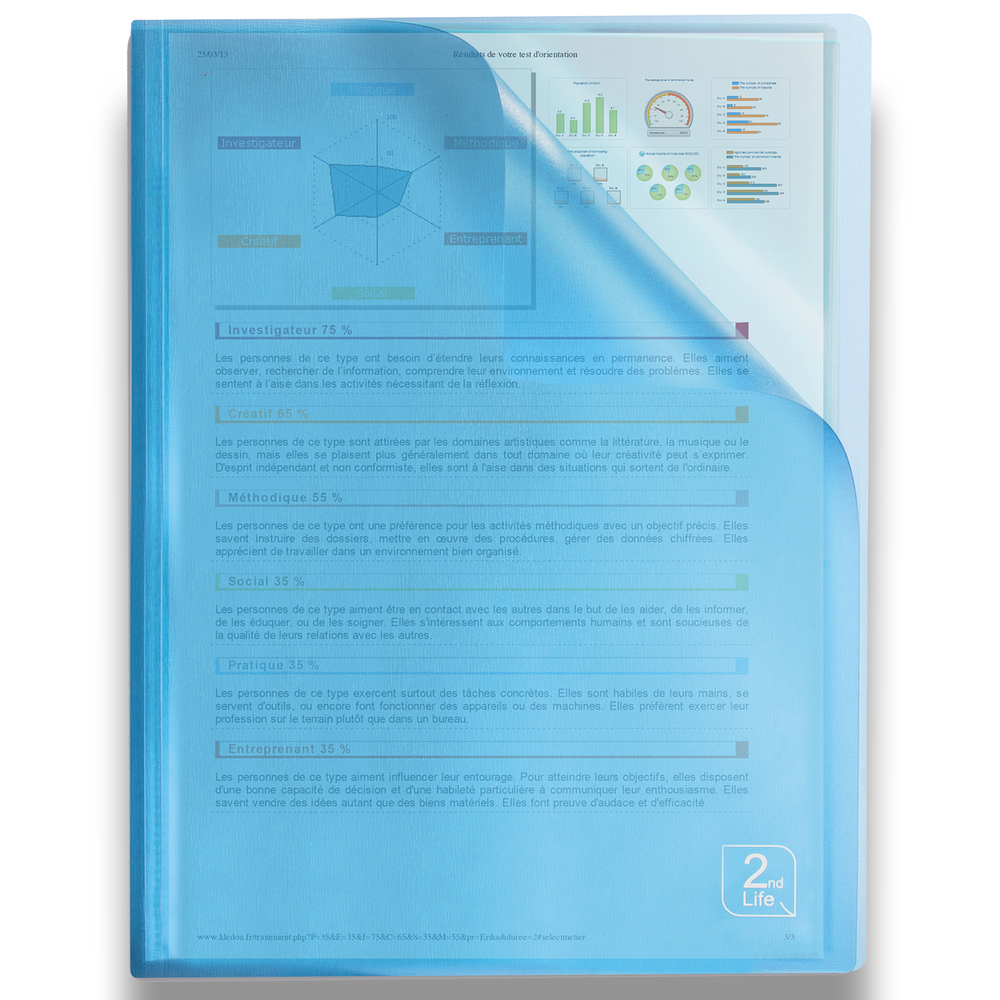 Niebieski dokument w przezroczystej teczce. Widoczny tekst i wykres. Białe tło.