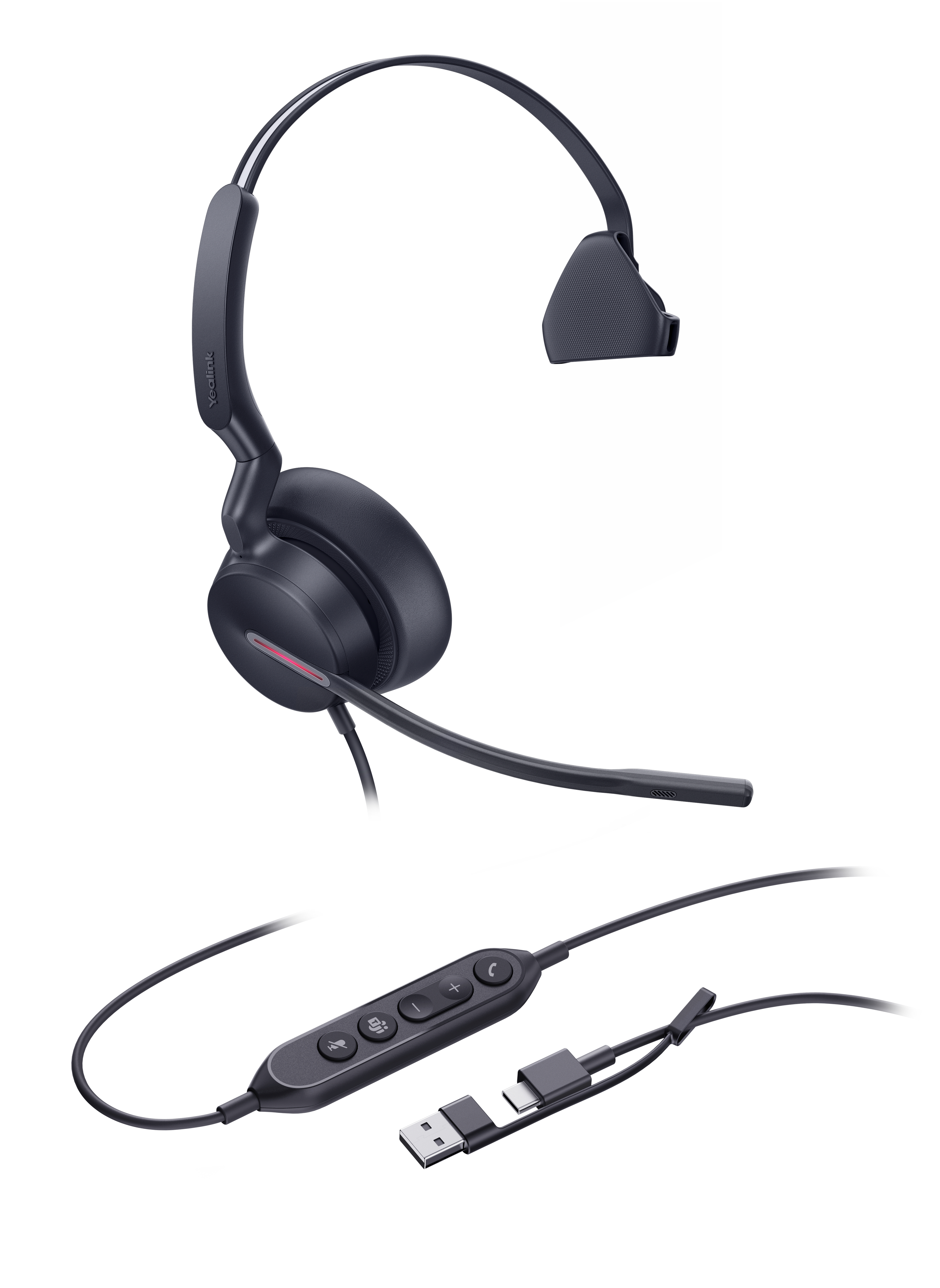Auriculares negros con micrófono de brazo, conectados a una unidad de control y un conector USB.