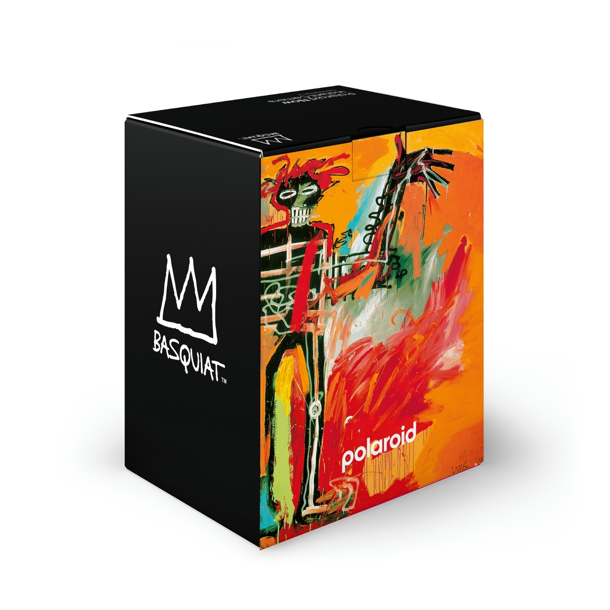 Karton mit Basquiat-Kunst, eine farbenfrohe Illustration mit dem Namen des Künstlers und dem Polaroid-Logo.