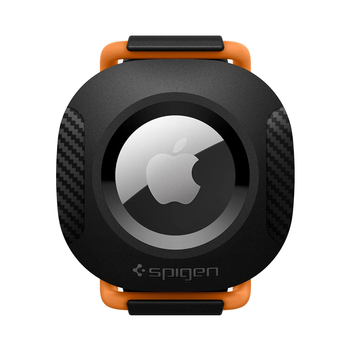 Schwarzes Apple AirTag in einem orangefarbenen Spigen-Case. Kohlefasertextur.