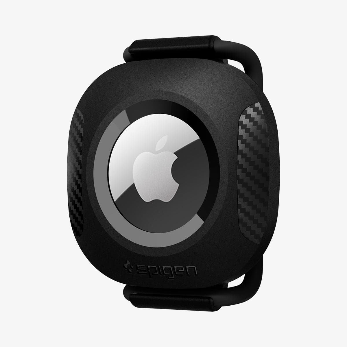 Schwarzes Apple AirTag-Gehäuse, schwarzer Riemen. Silbernes Apple-Logo. Kohlefasertextur.