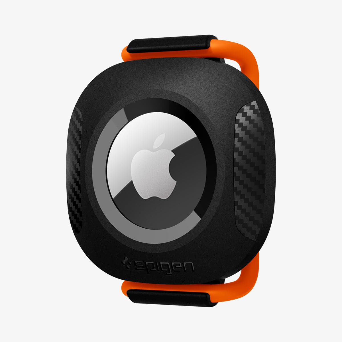 Schwarzes Apple AirTag in einem orangefarbenen Spigen-Case. Draufsicht.