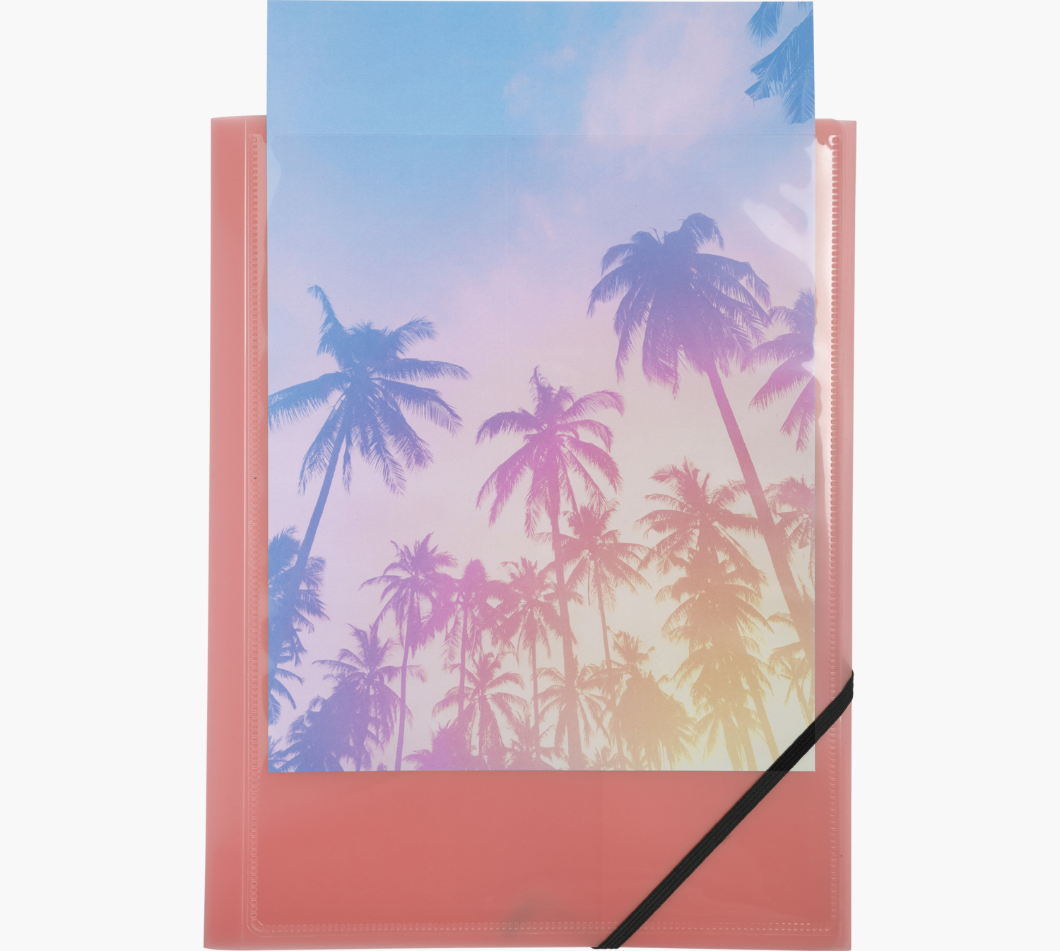 Różowy folder ze zdjęciem palm w środku. Folder ma czarną gumkę.