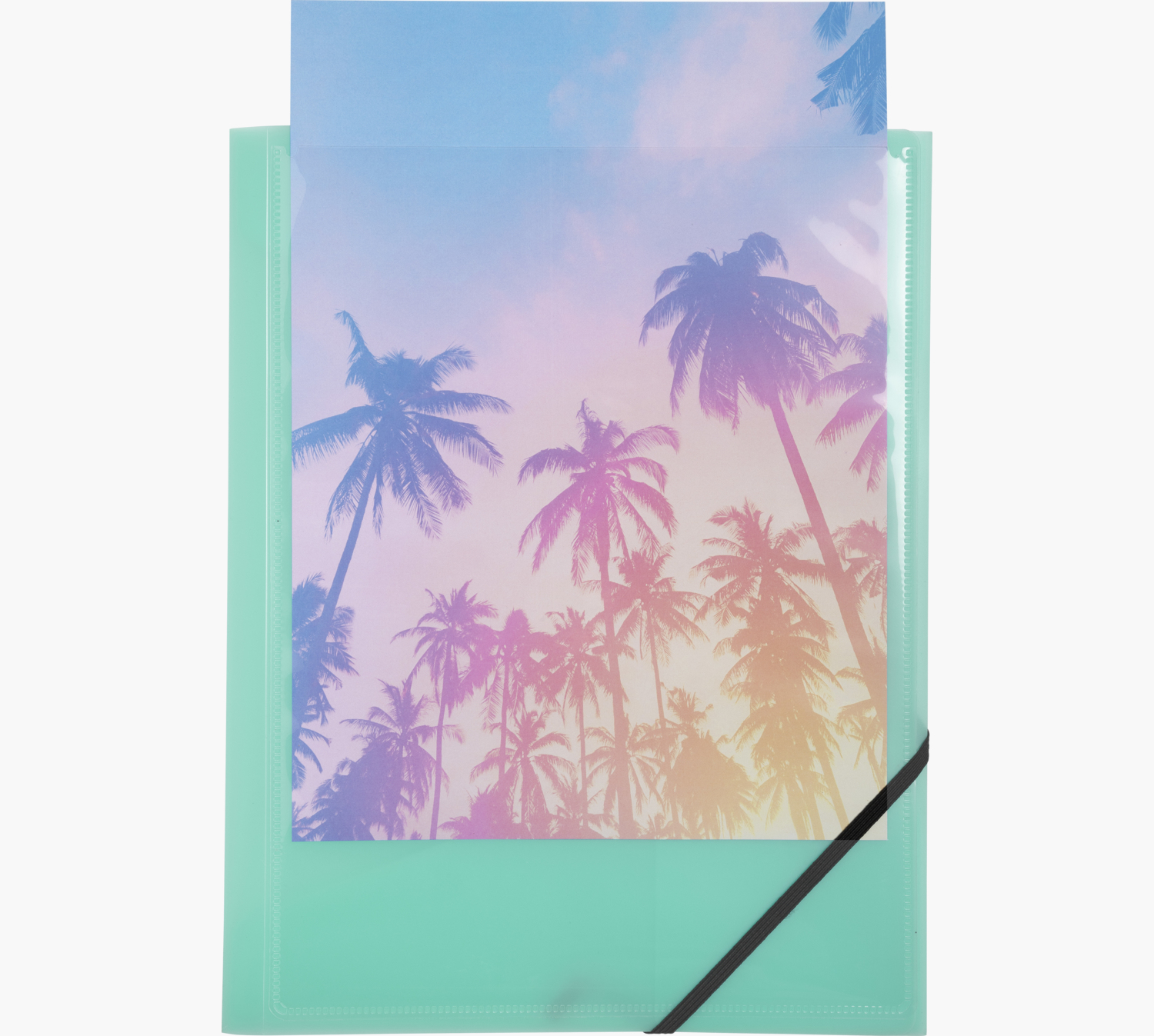 Turkusowy segregator zawiera kartkę z nadrukiem sceny z palmami.