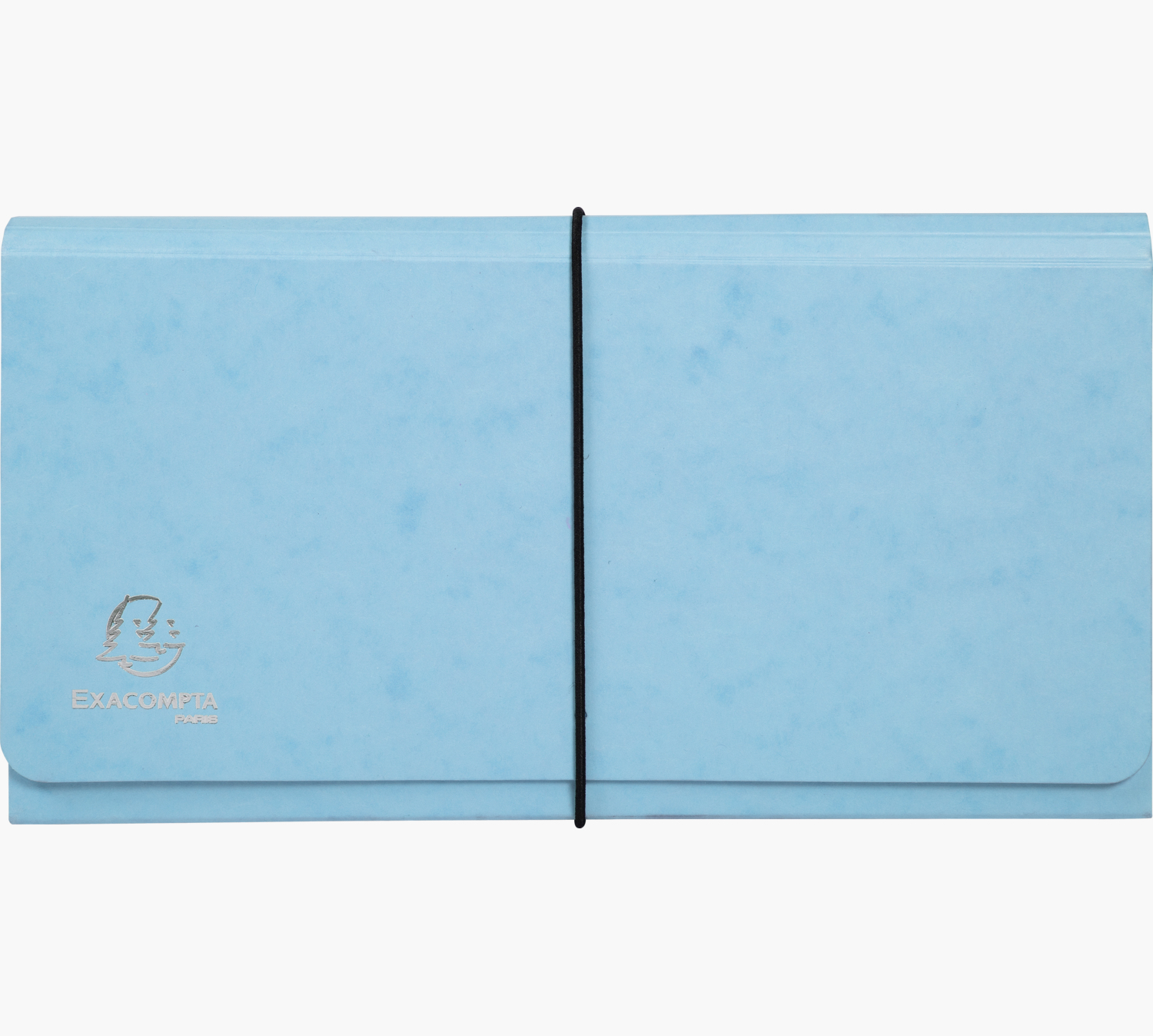 Jasnoniebieska teczka na dokumenty, zamknięta czarną gumką. Marka EXACOMPTA jest w rogu.