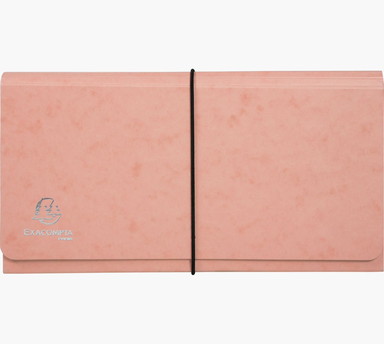 Różowa rozszerzana teczka z czarną gumką.