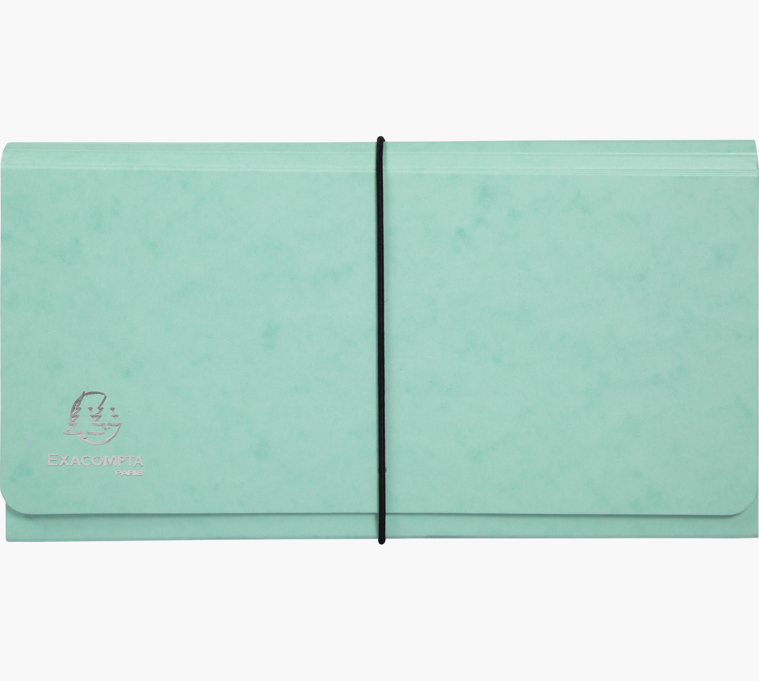 Jasnozielona, prostokątna teczka z czarną gumką.