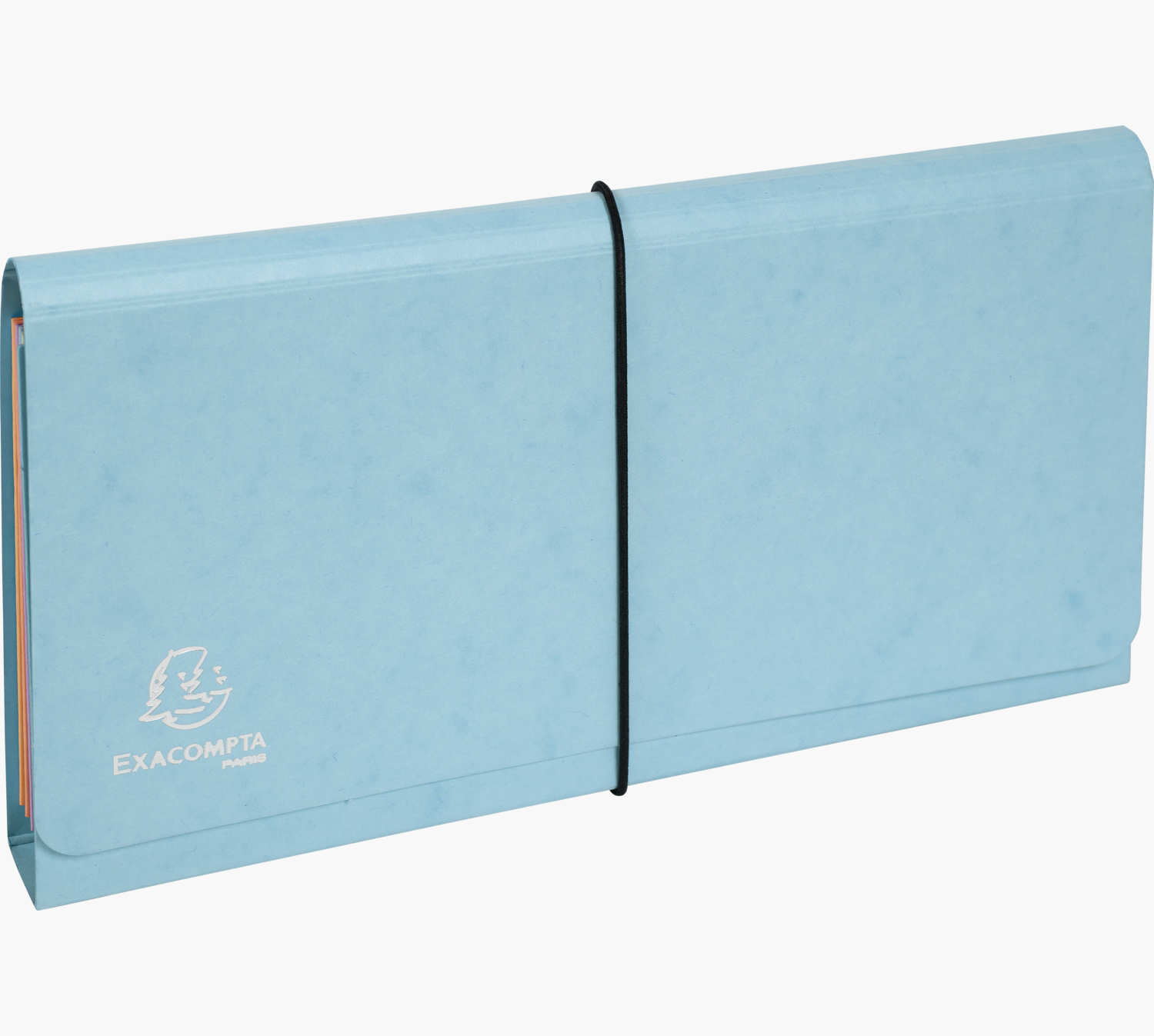 Niebieska rozszerzana teczka z czarną gumką.