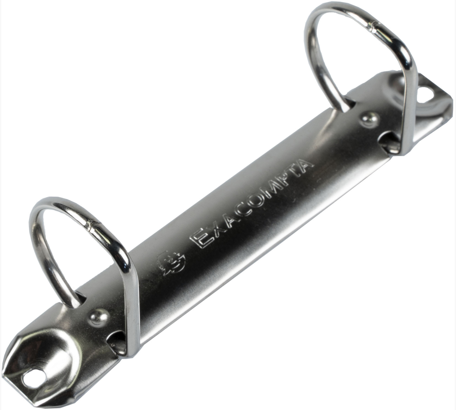 Błyszczący metalowy mechanizm segregatora. Dwa pierścienie i słowo EXACOMPTA wytłoczone na srebrnym pasku.