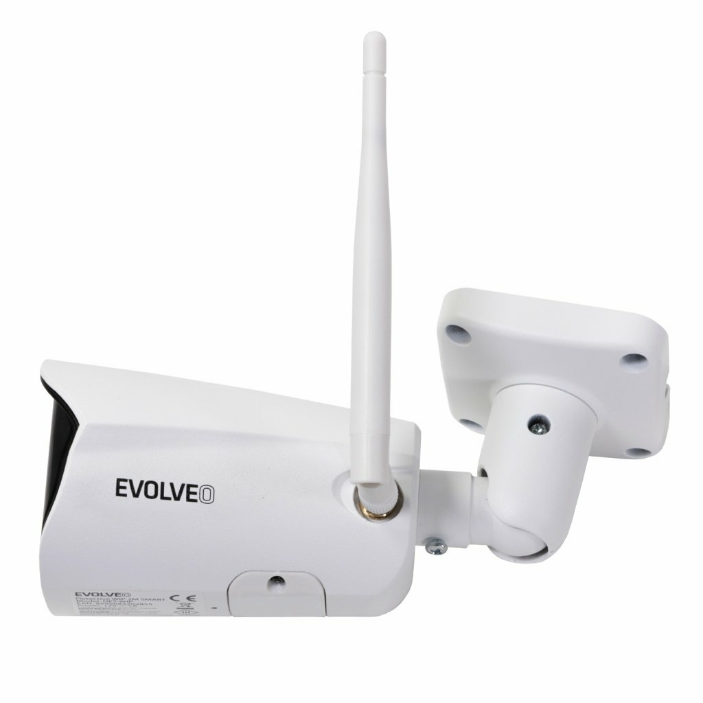 Una telecamera di sicurezza bianca con antenna e staffa di montaggio, su sfondo bianco.
