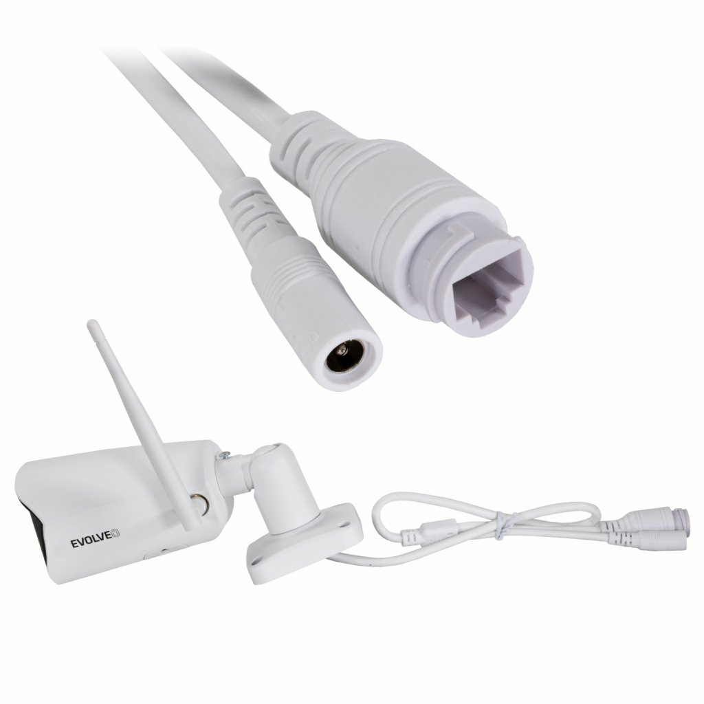 Telecamera di sicurezza bianca con antenna e cavi.