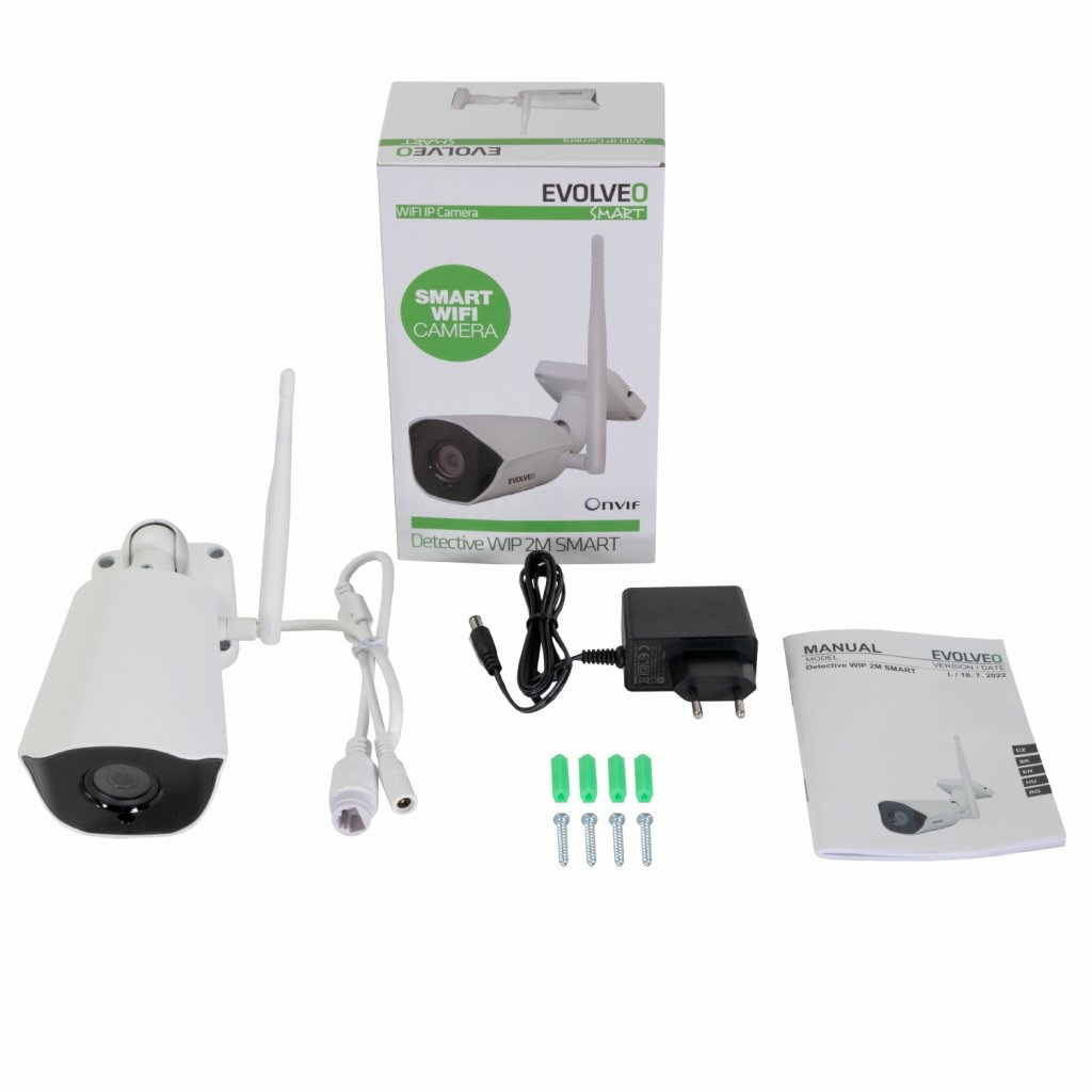 Un kit telecamera di sicurezza per la casa intelligente. Include fotocamera, scatola, manuale, adattatore di alimentazione, cavi e viti.