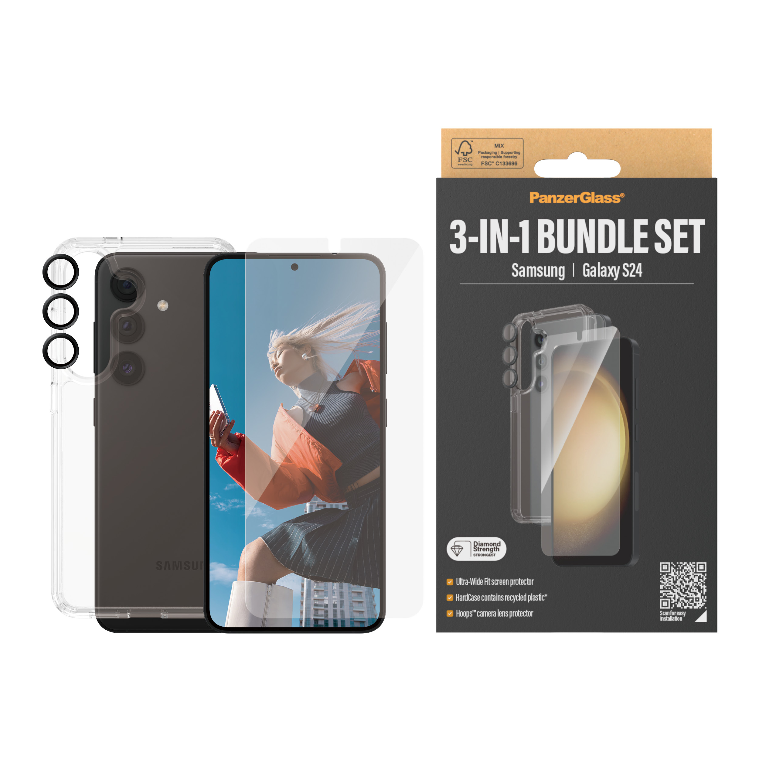 Smartphone, custodia, set protezione schermo. Telefono nero. Packaging mostra il prodotto.