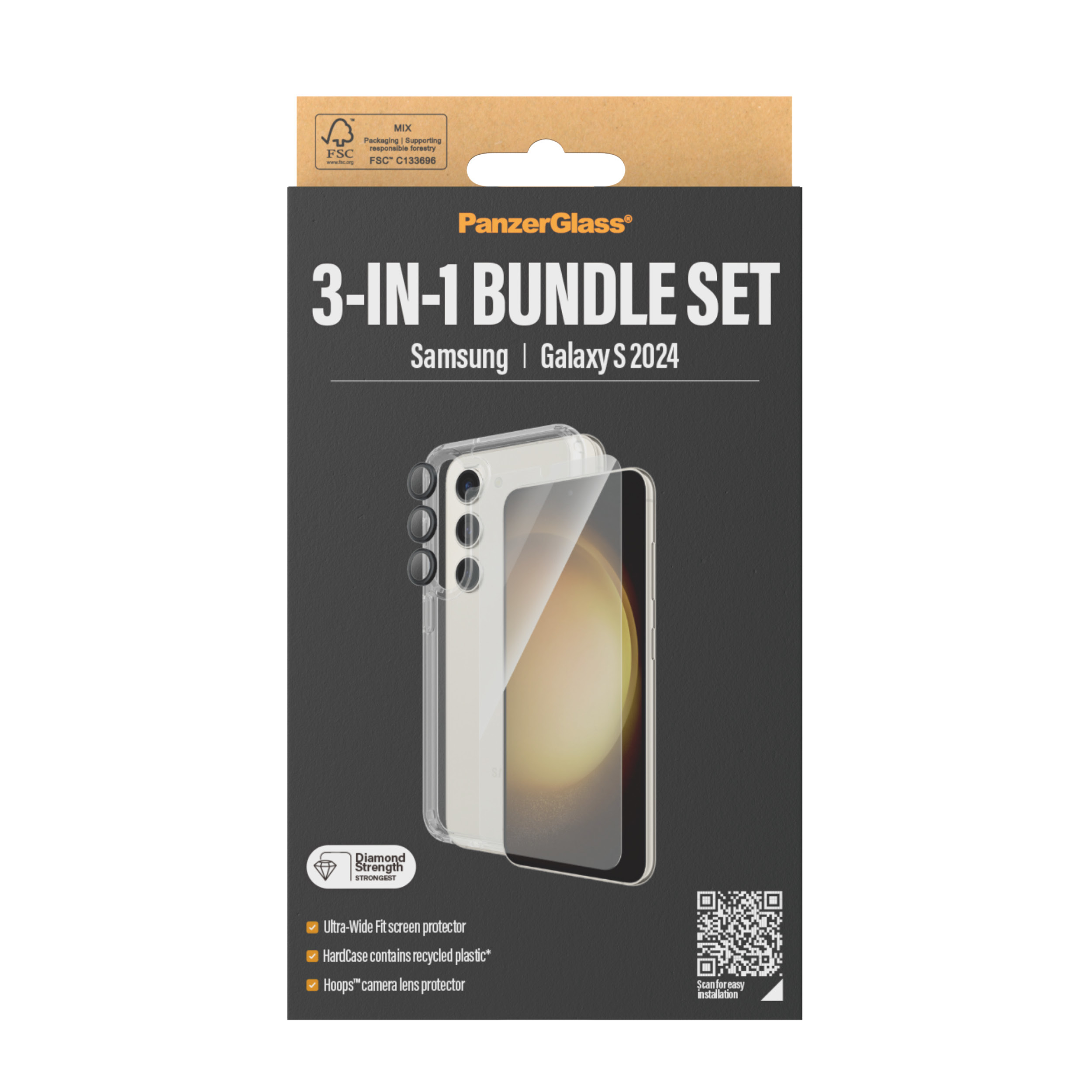 Set di custodie per telefono in scatola per Samsung Galaxy S24. Include protezioni schermo e lenti.