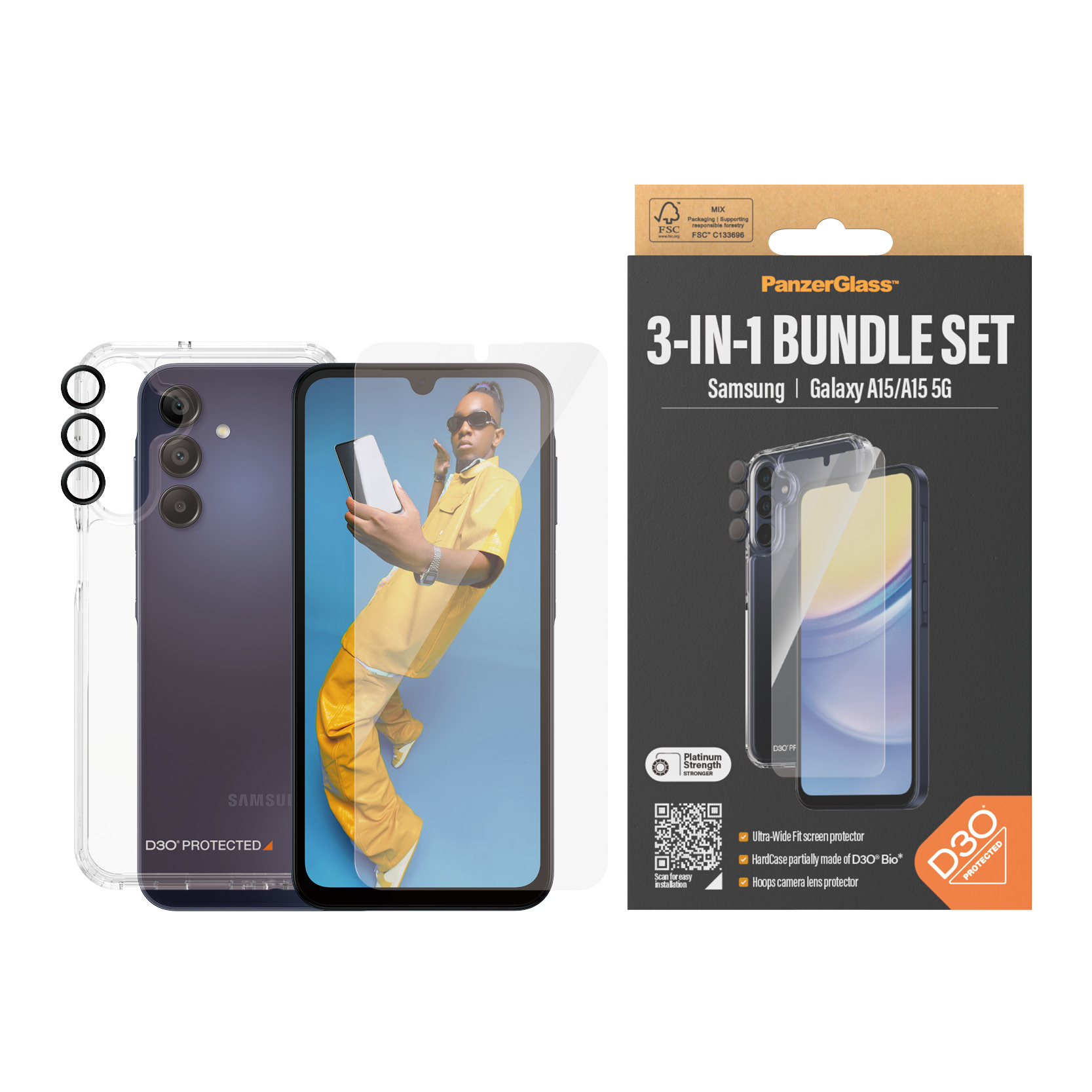 Verpacktes Samsung Galaxy A15/A15 5G Bundle-Set. Enthält Hülle, Bildschirm- und Kameraobjektivschutz.