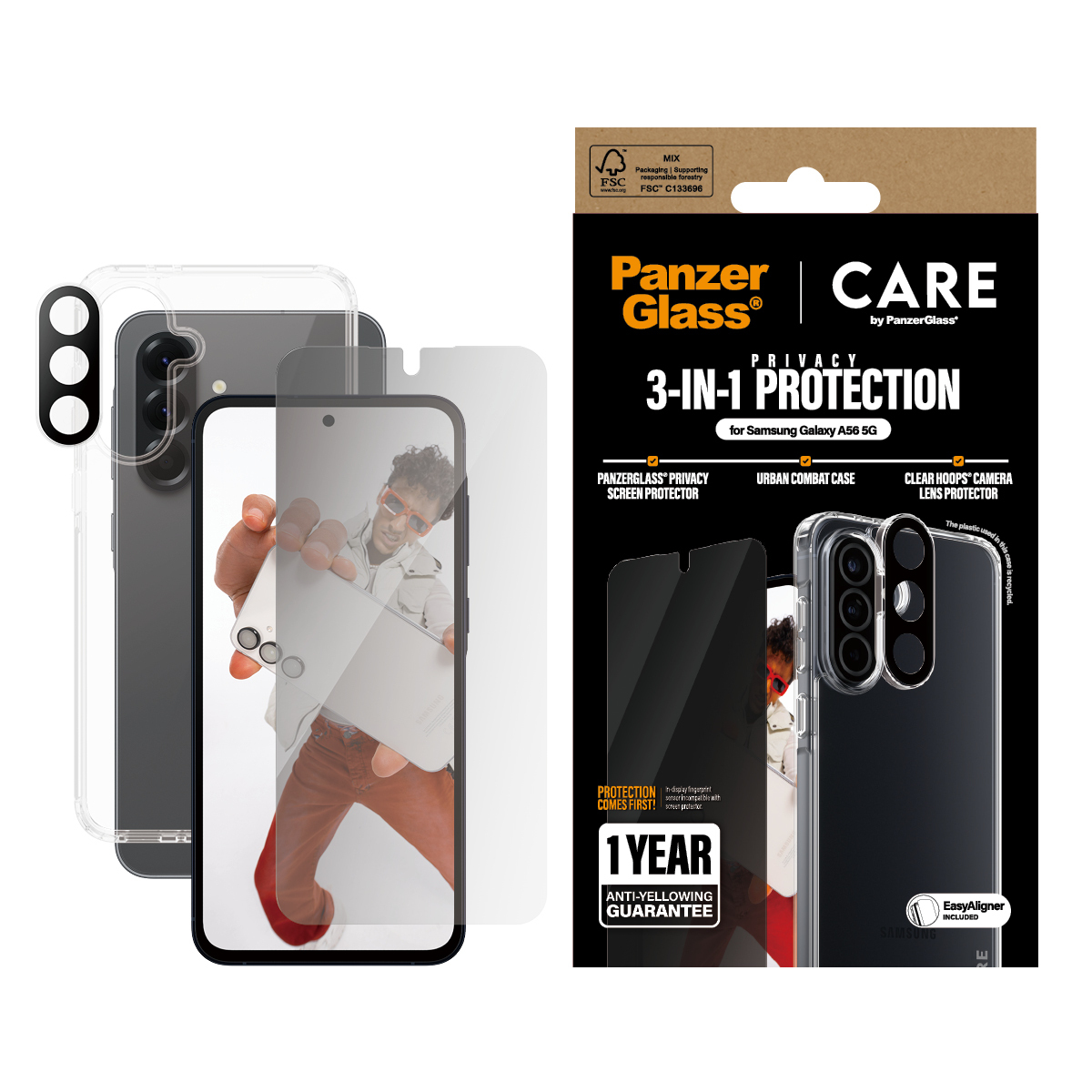 Confezione telefono e protezione schermo. Include un telefono con custodia e una protezione schermo.