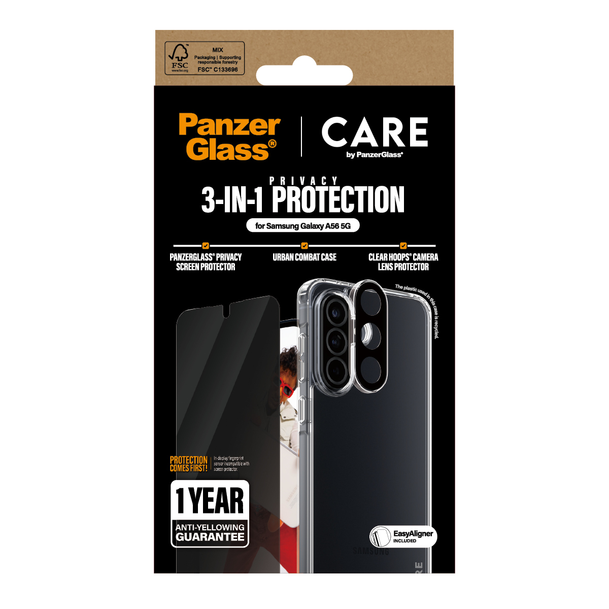 Protezione 3-in-1 PanzerGlass per Samsung A56 5G. Include protezione schermo e custodia.