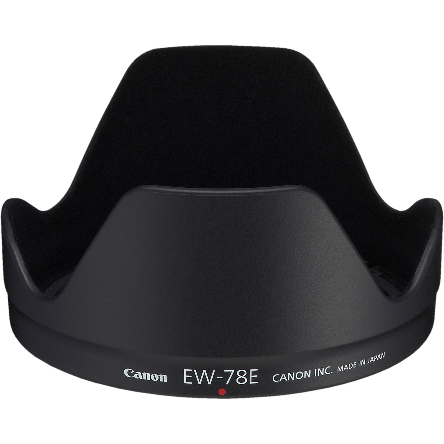 Un paraluce nero Canon EW-78E con un punto rosso, prodotto in Giappone.