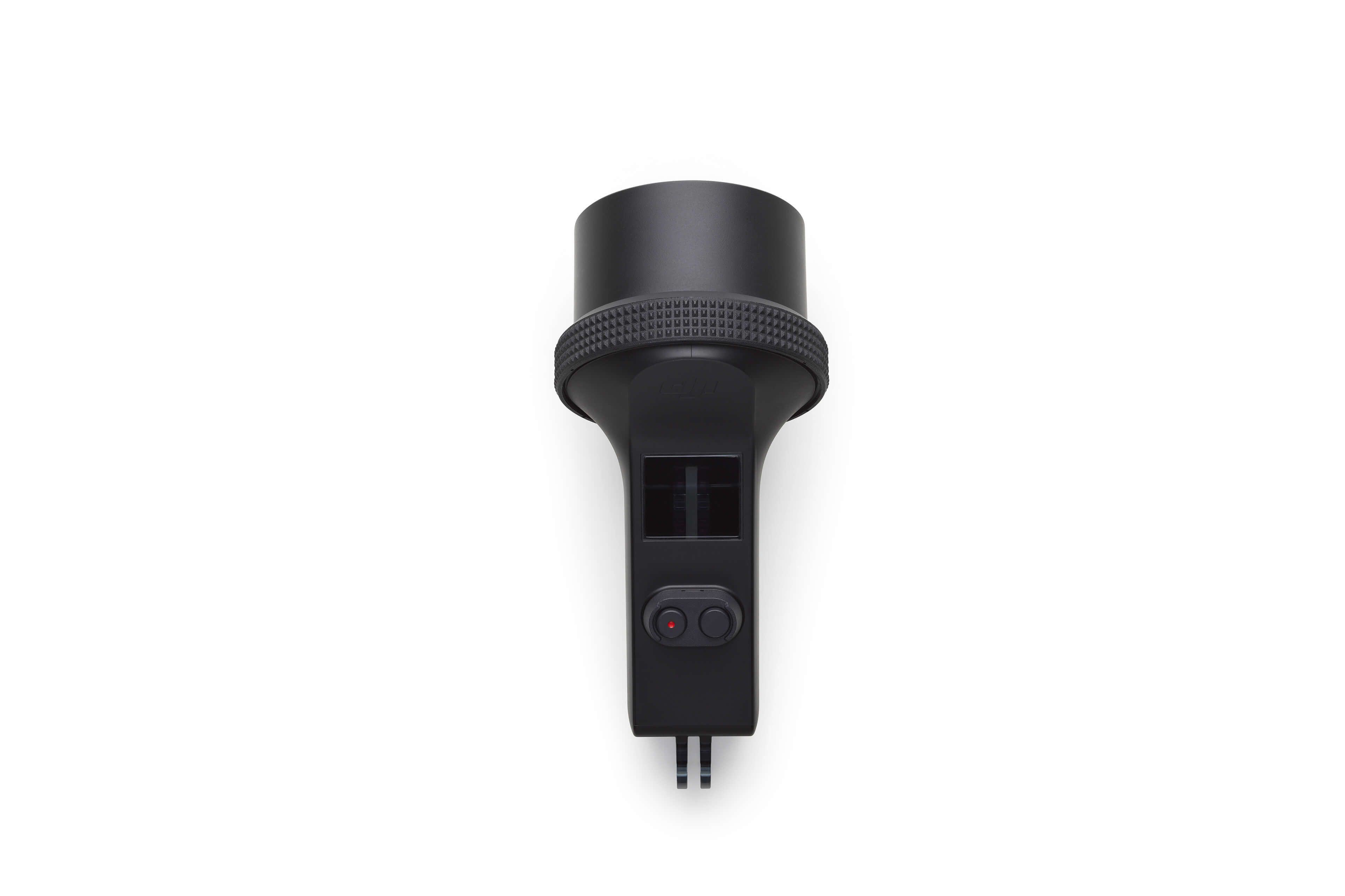 Czarny uchwyt do kamery sportowej z dwoma przyciskami i okrągłym wierzchem, na białym tle.