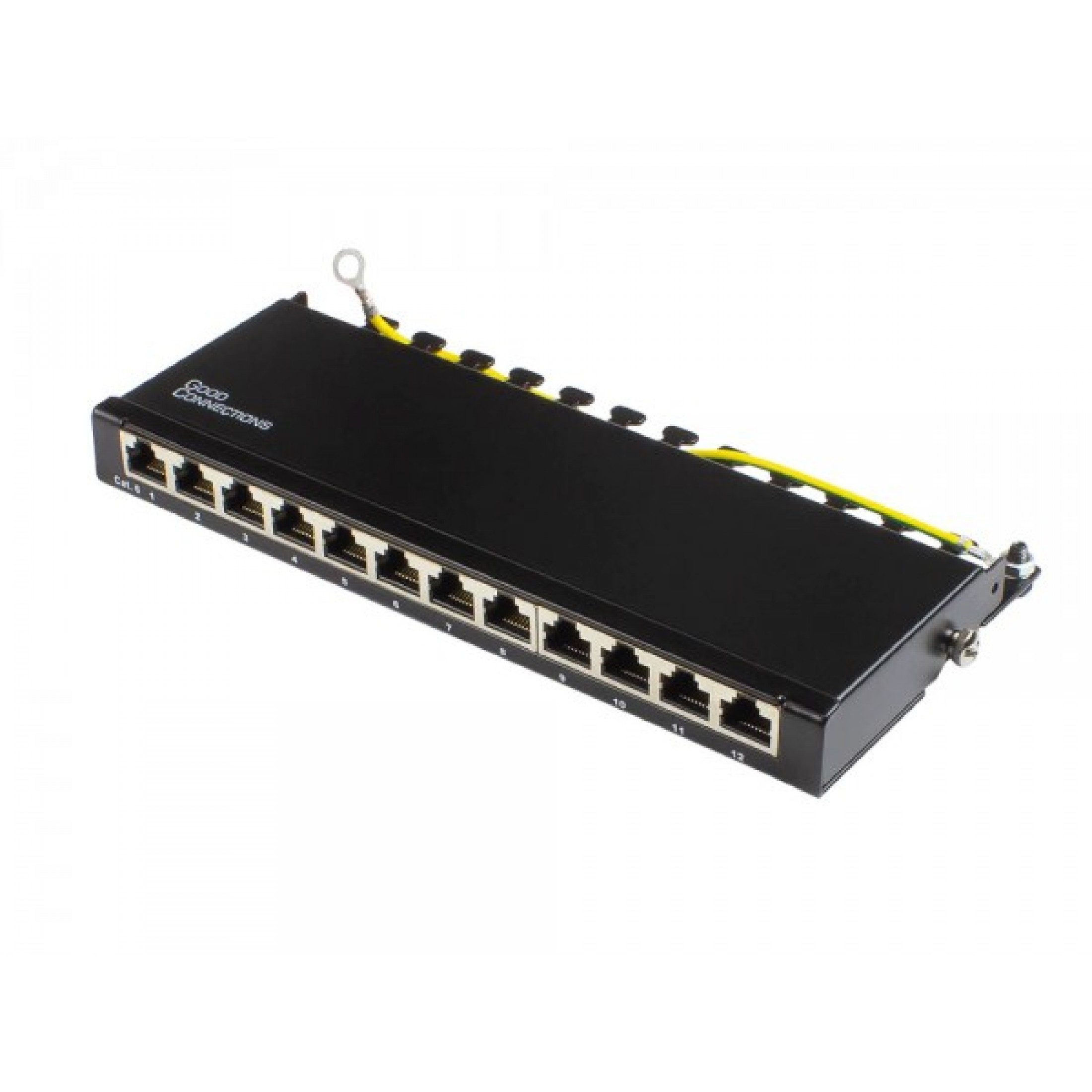 Czarny panel krosowniczy Good Connections z 12 portami RJ45, oznaczonymi 1-12. Dołączony żółty przewód uziemiający.