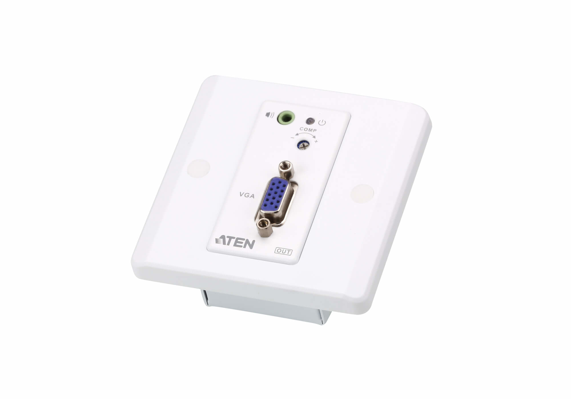 Weiße Wandplatte mit VGA-, Audio- und Stromanschlüssen. Text: Aten.