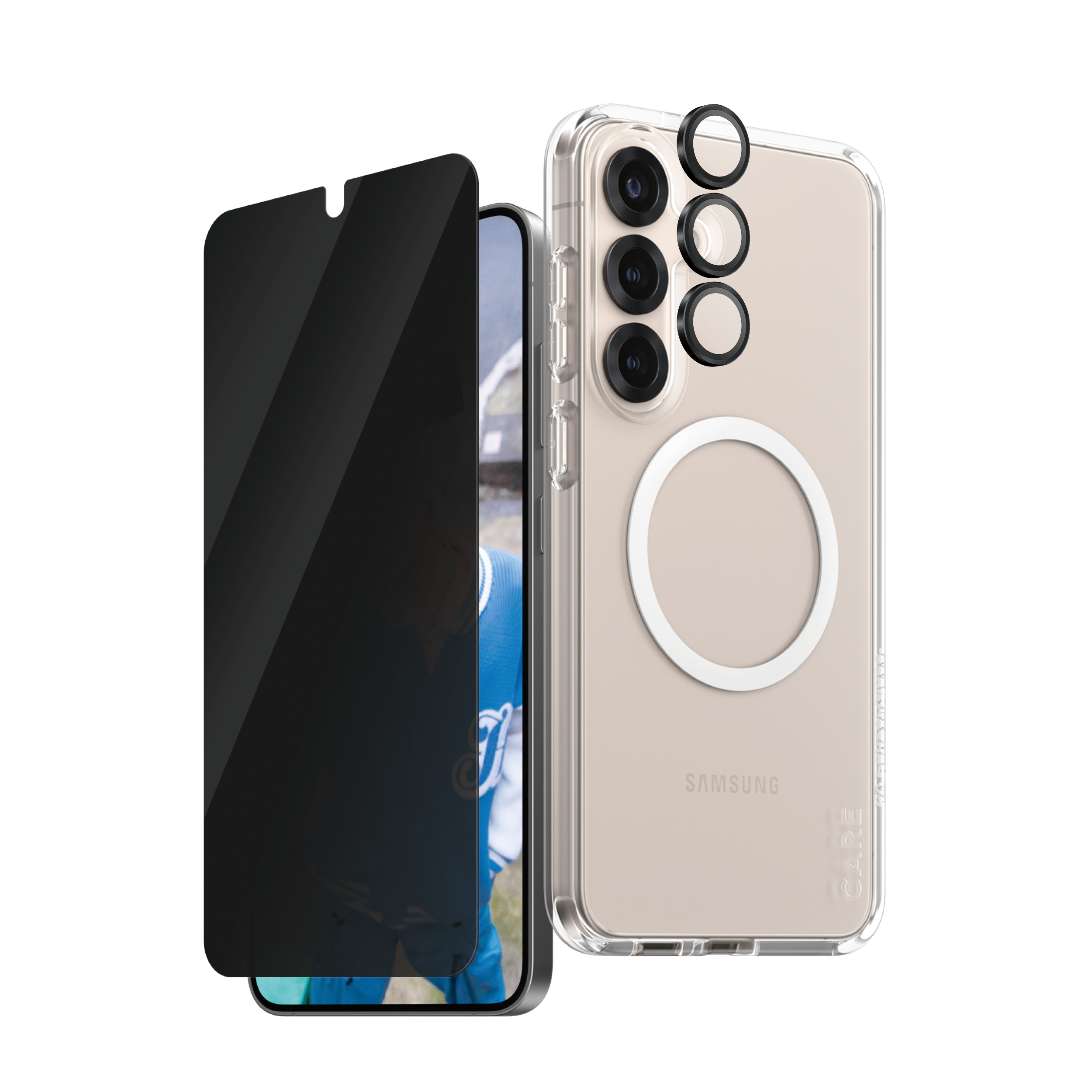 PANZERGLASS Flagship Samsung Galaxy S25+ 3'lü Çerçeve Aparatlı Gizli/Hayalet Ekranlı Set Ekran Koruyucu-Lens Koruyucu-Kılıf